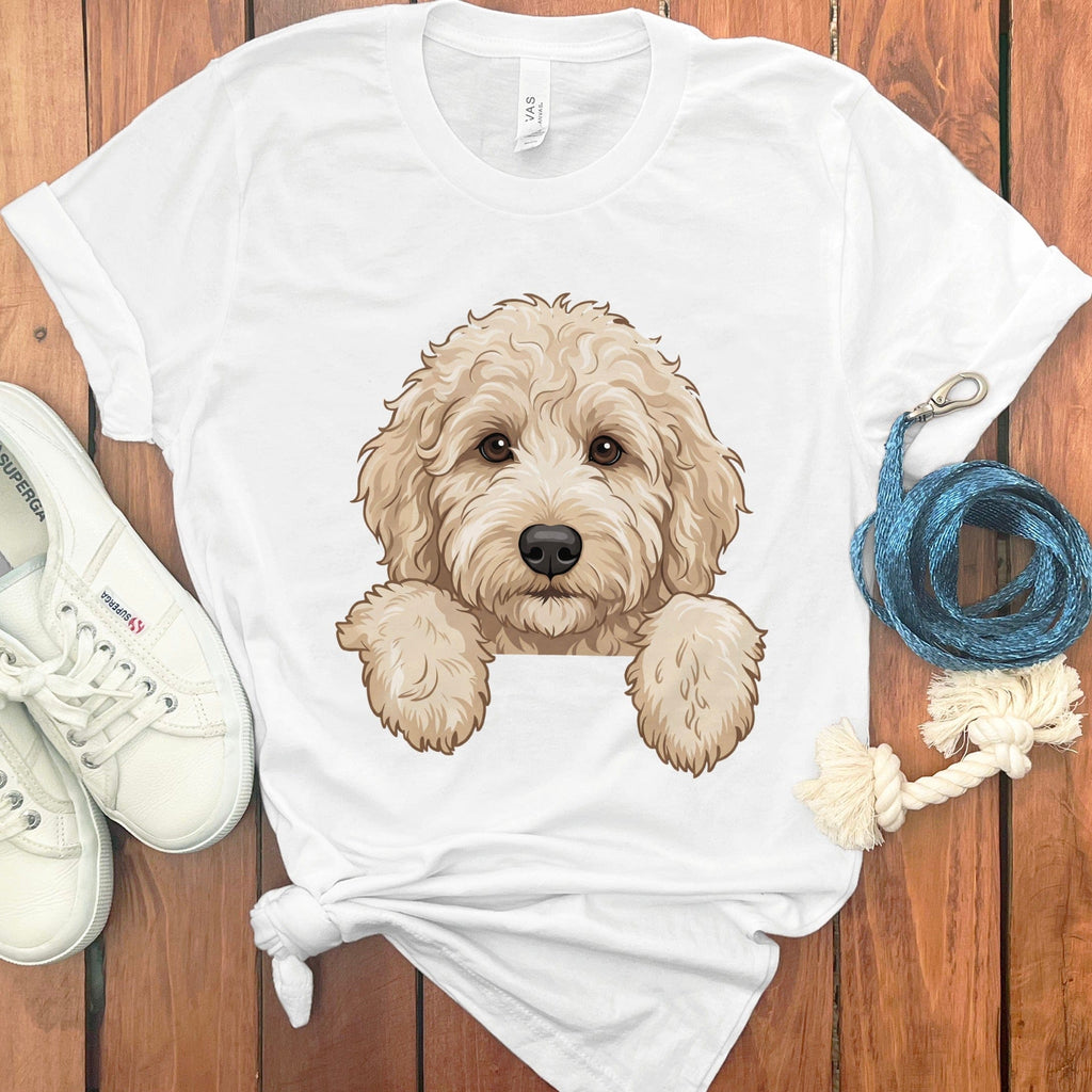 Peeking Cream Goldendoodle T-Shirt in White / S / T-Shirts #1 by Puppy Jo