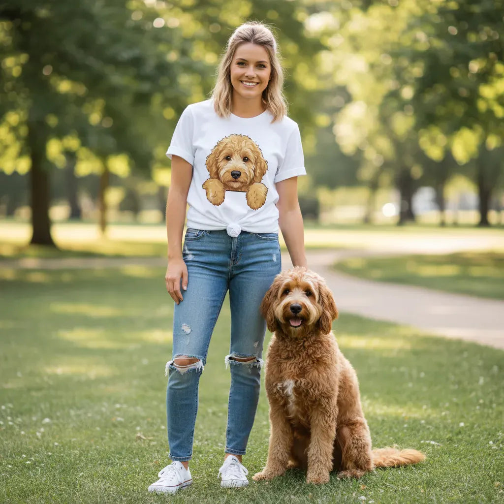 Peeking Goldendoodle T-Shirt in by Puppy Jo