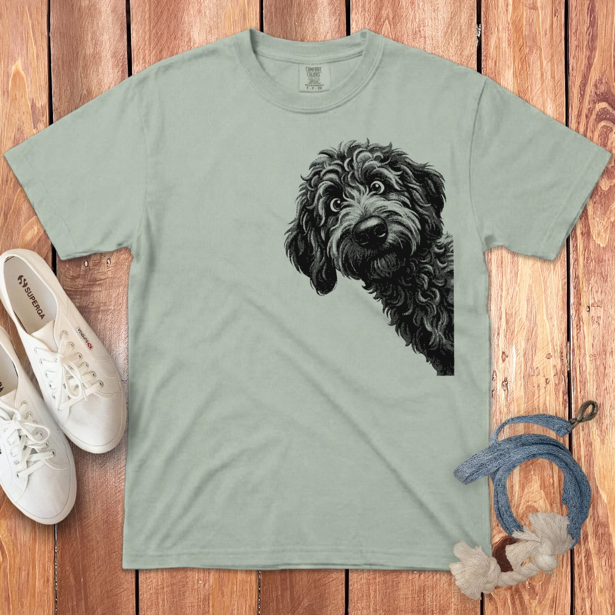 Peeking Half Tone Goldendoodle Signature T-Shirt in Bay / S by Puppy Jo