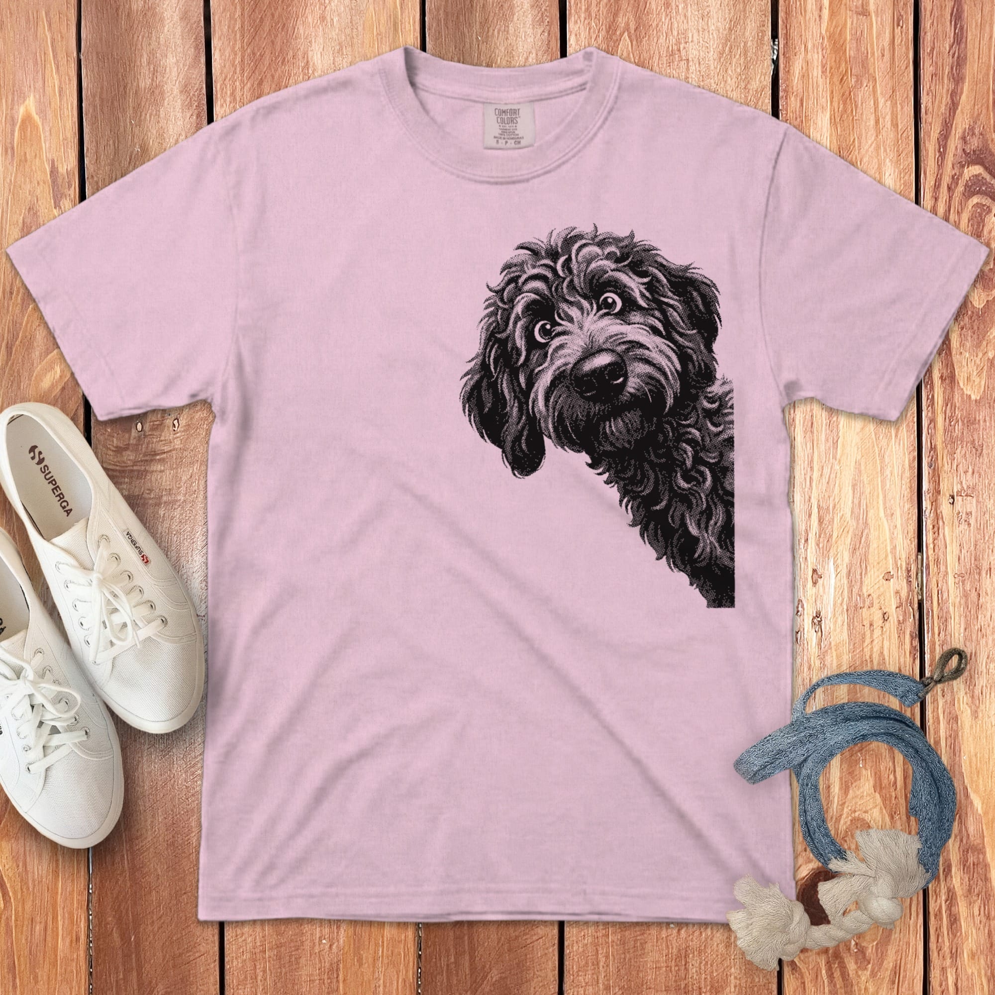 Peeking Half Tone Goldendoodle Signature T-Shirt in Blossom / S by Puppy Jo