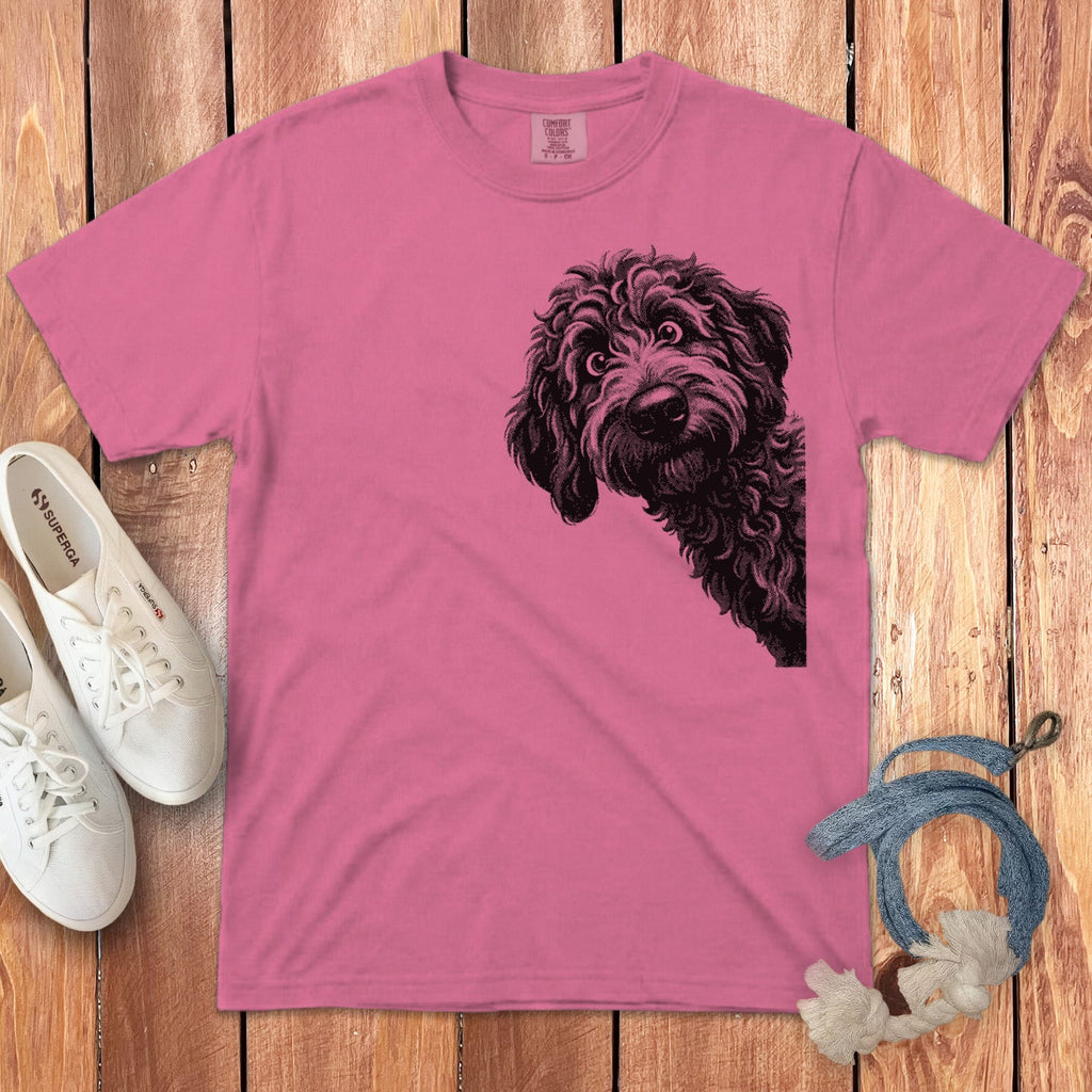 Peeking Half Tone Goldendoodle Signature T-Shirt in Crunchberry / S by Puppy Jo
