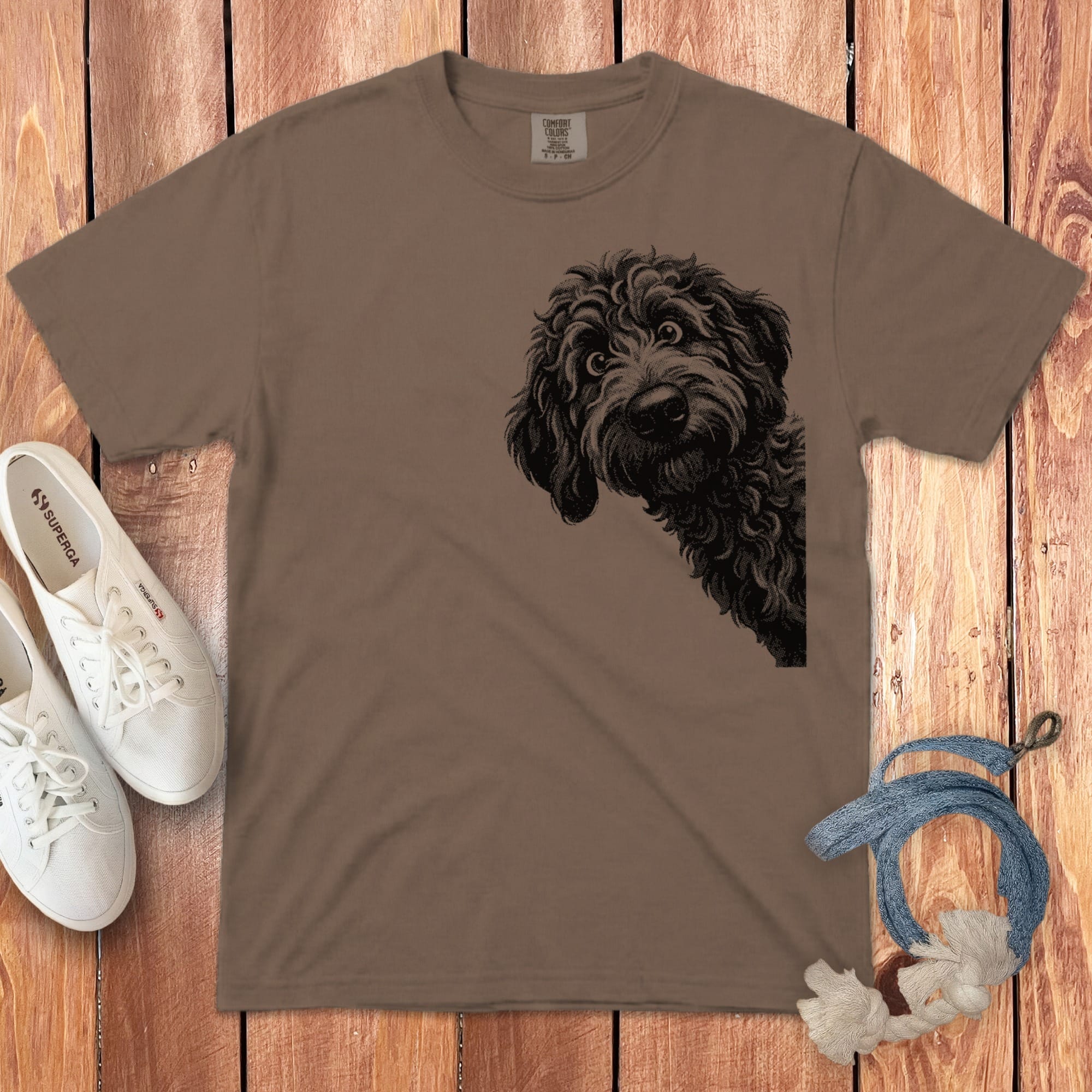 Peeking Half Tone Goldendoodle Signature T-Shirt in Espresso / S by Puppy Jo