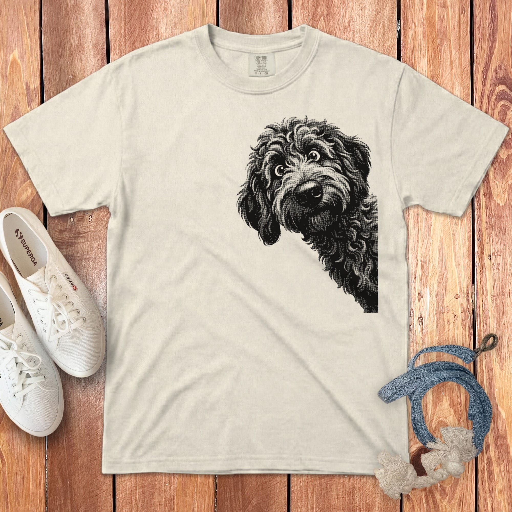 Peeking Half Tone Goldendoodle Signature T-Shirt in Ivory / S by Puppy Jo