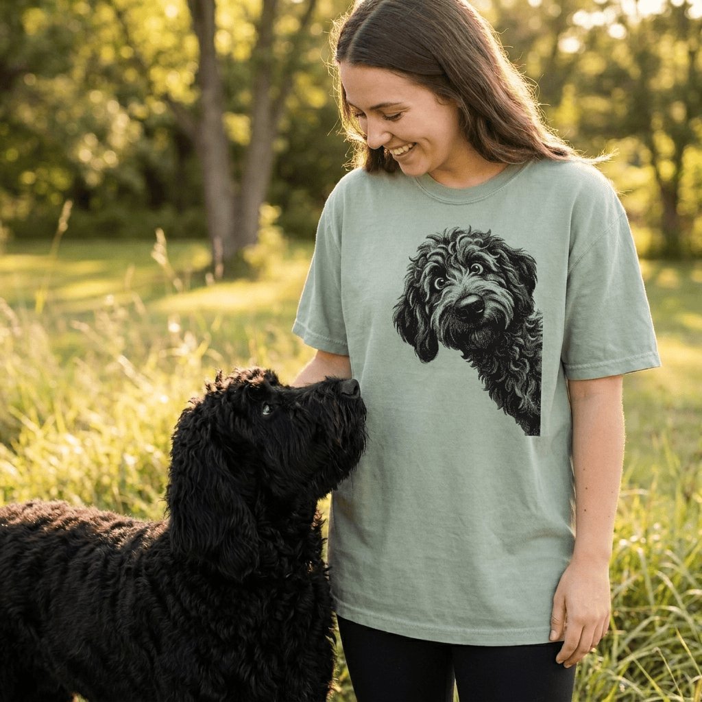 Peeking Half Tone Goldendoodle Signature T-Shirt in by Puppy Jo