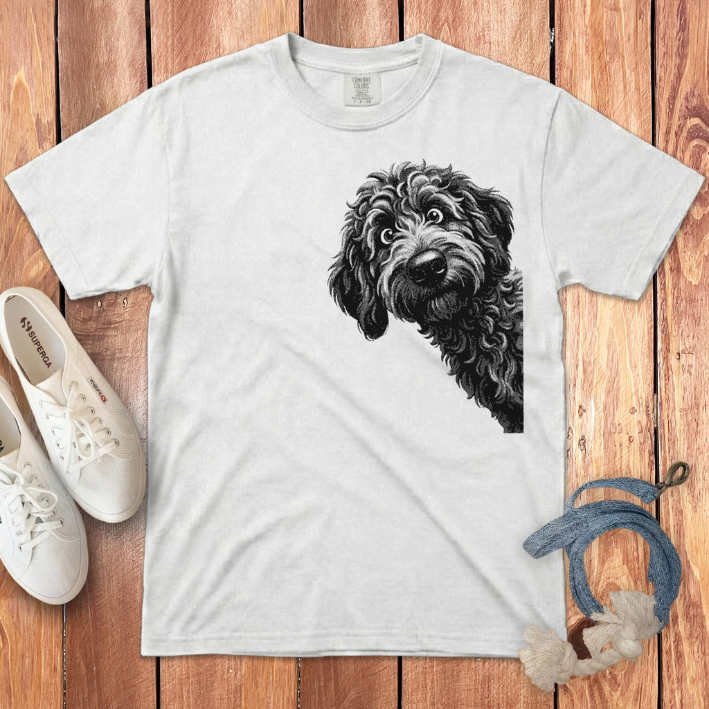 Peeking Half Tone Goldendoodle Signature T-Shirt in White / S by Puppy Jo