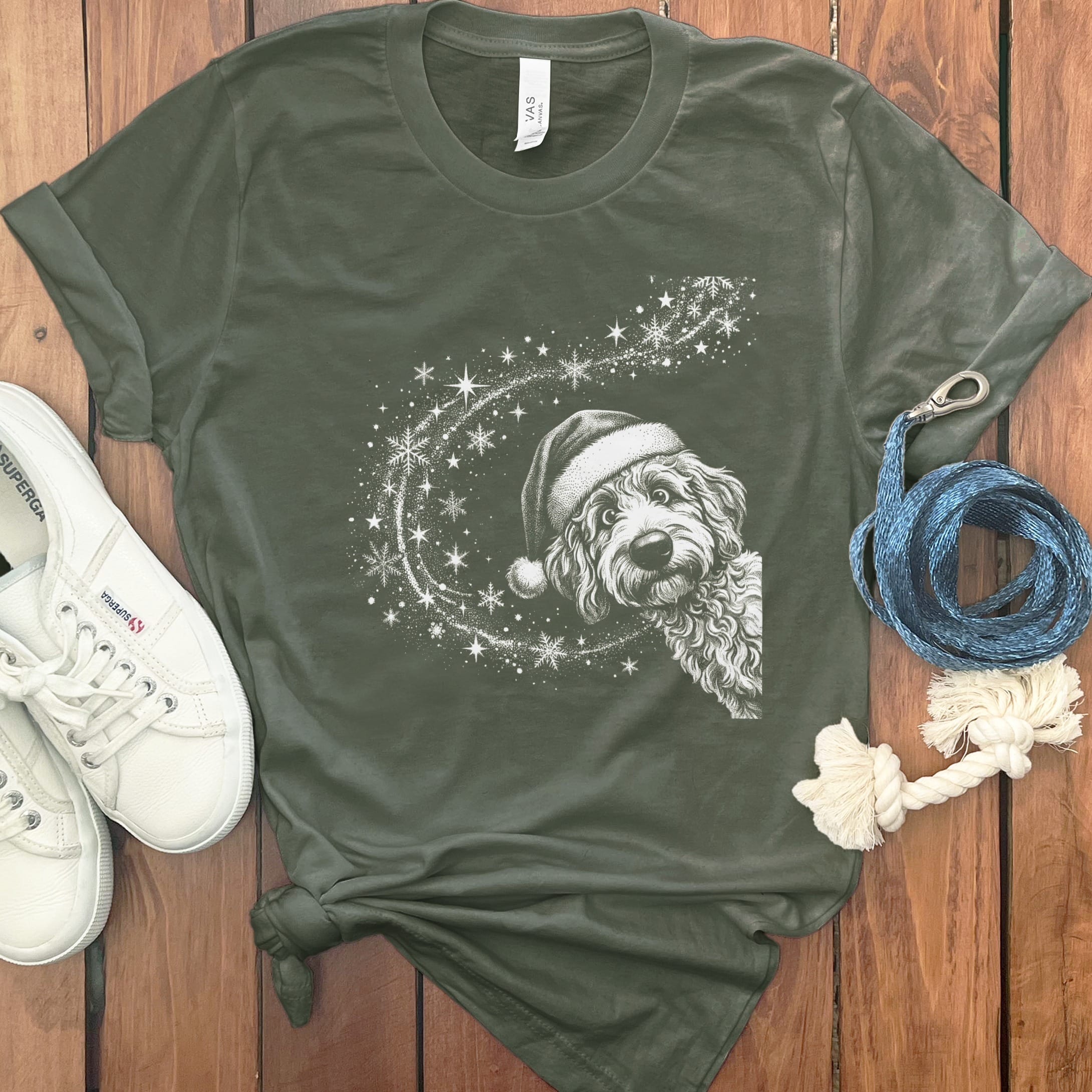 Peeking Holiday Doodle Magic T-Shirt in Military Green / S by Puppy Jo
