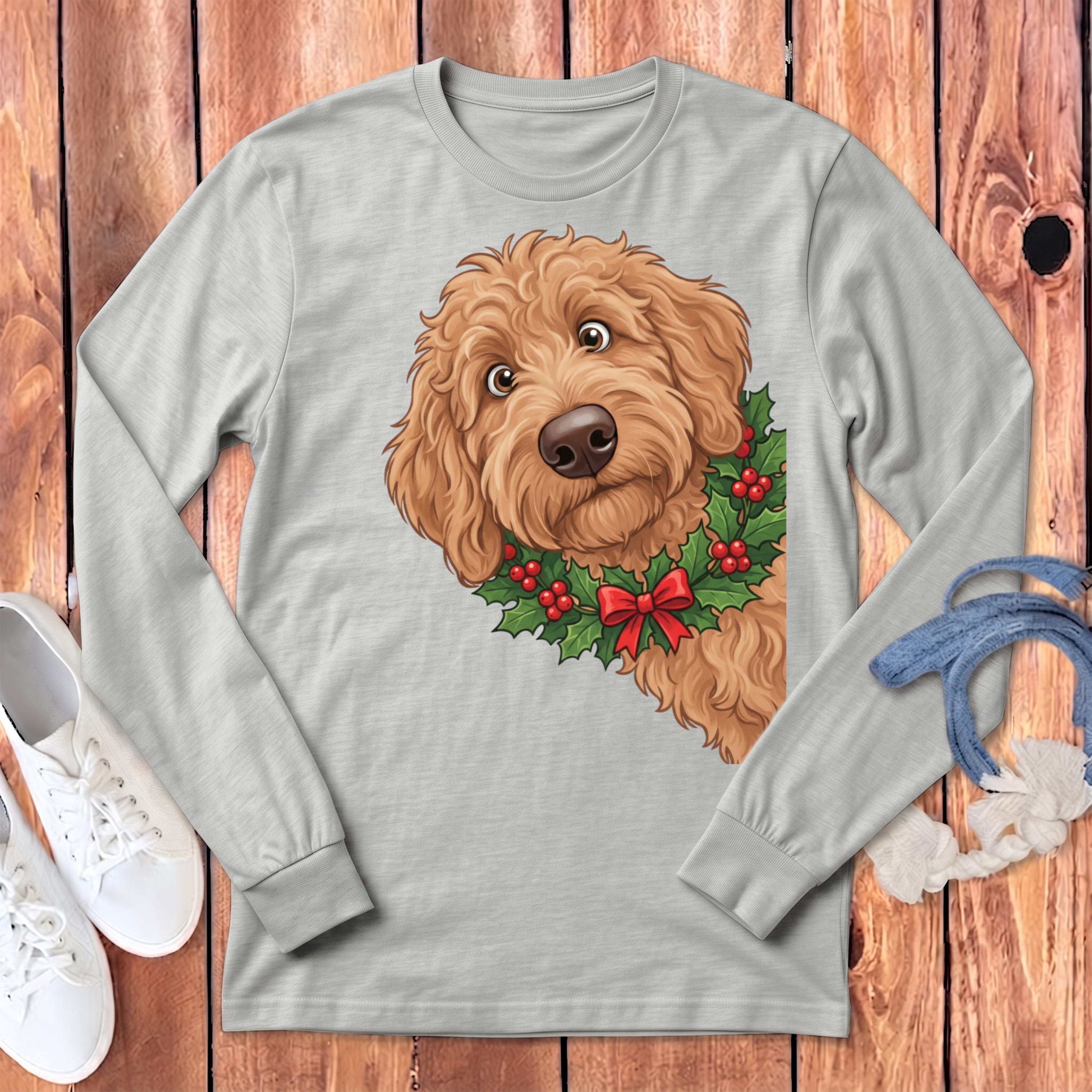 Peeking Holly Apricot Goldendoodle Long Sleeve T-Shirt in Athletic Heather / S by Puppy Jo