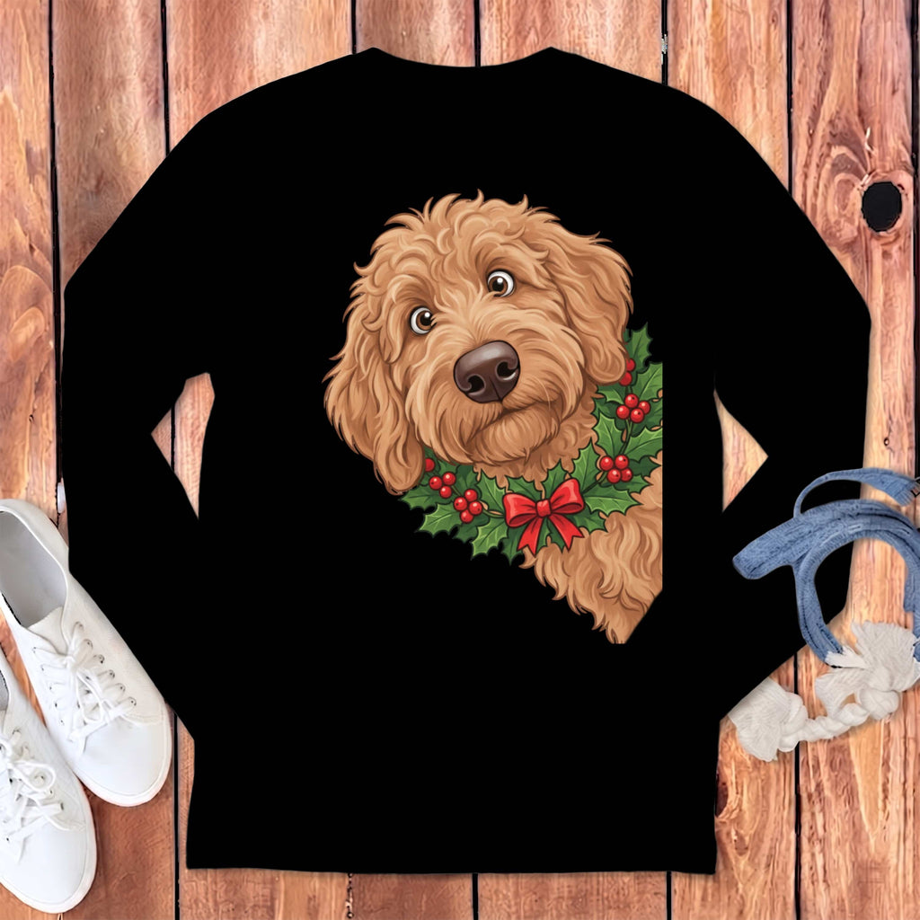 Peeking Holly Apricot Goldendoodle Long Sleeve T-Shirt in Black / S by Puppy Jo