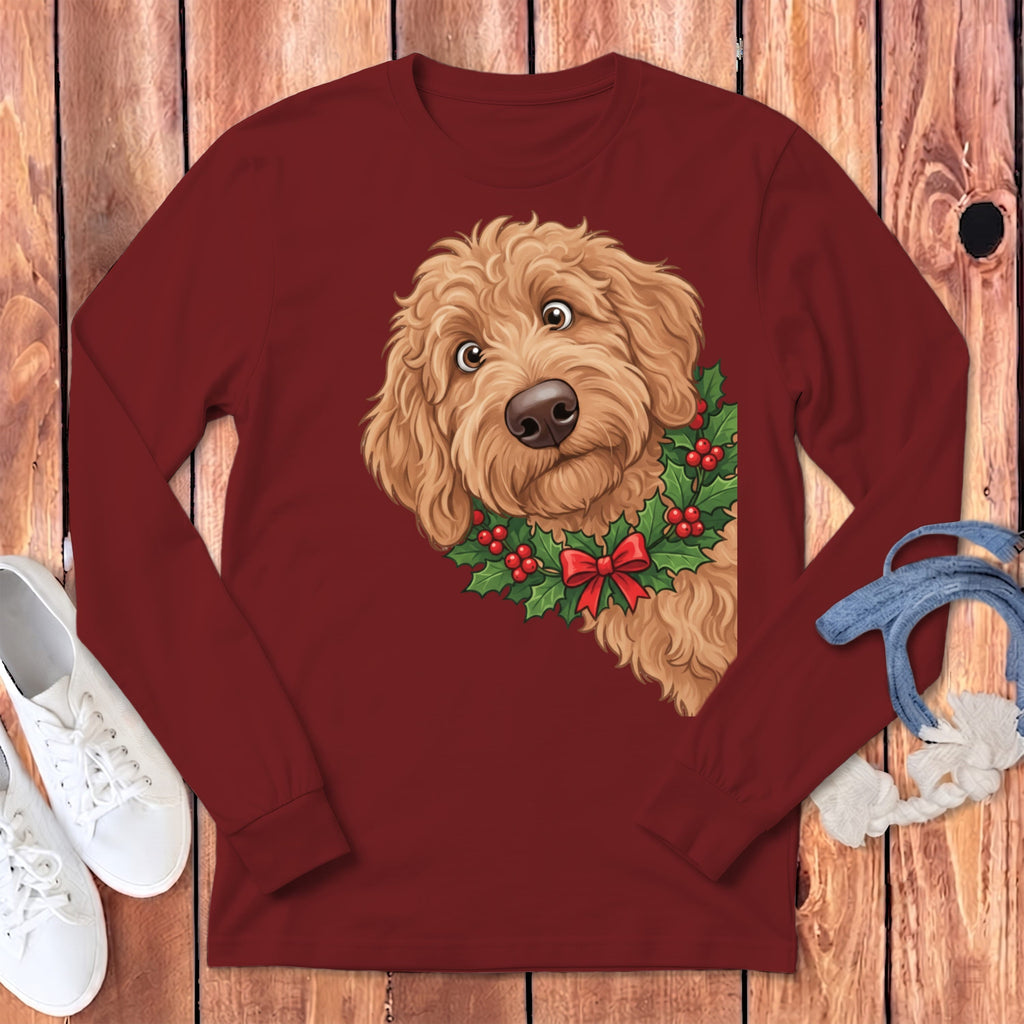 Peeking Holly Apricot Goldendoodle Long Sleeve T-Shirt in Cardinal / S by Puppy Jo