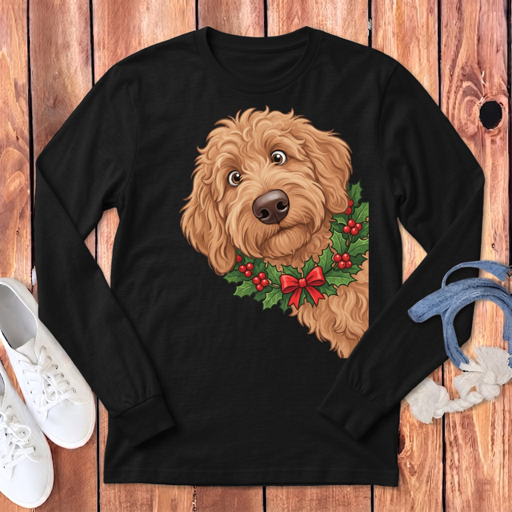 Peeking Holly Apricot Goldendoodle Long Sleeve T-Shirt in Dark Grey Heather / S by Puppy Jo