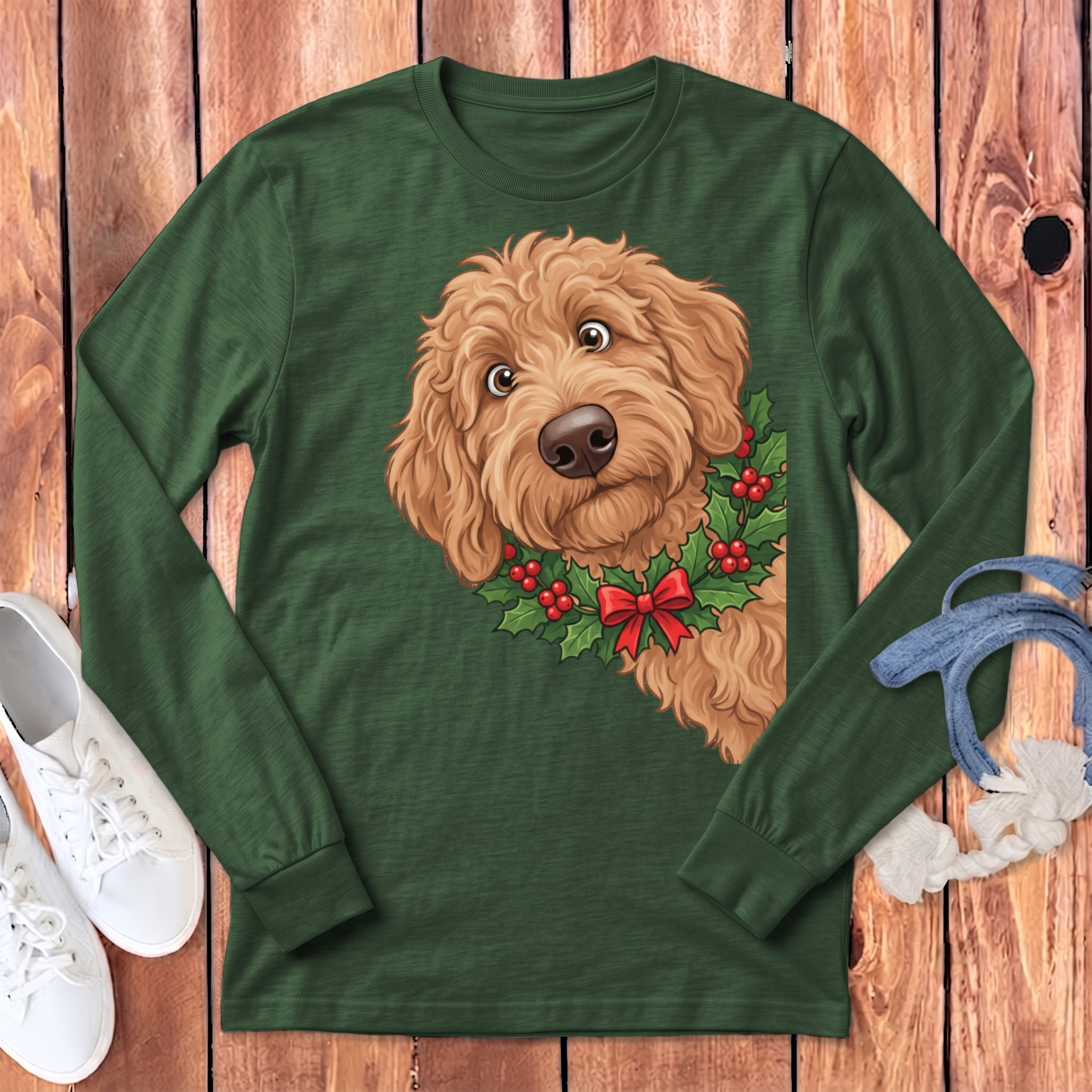 Peeking Holly Apricot Goldendoodle Long Sleeve T-Shirt in Heather Forest / S by Puppy Jo