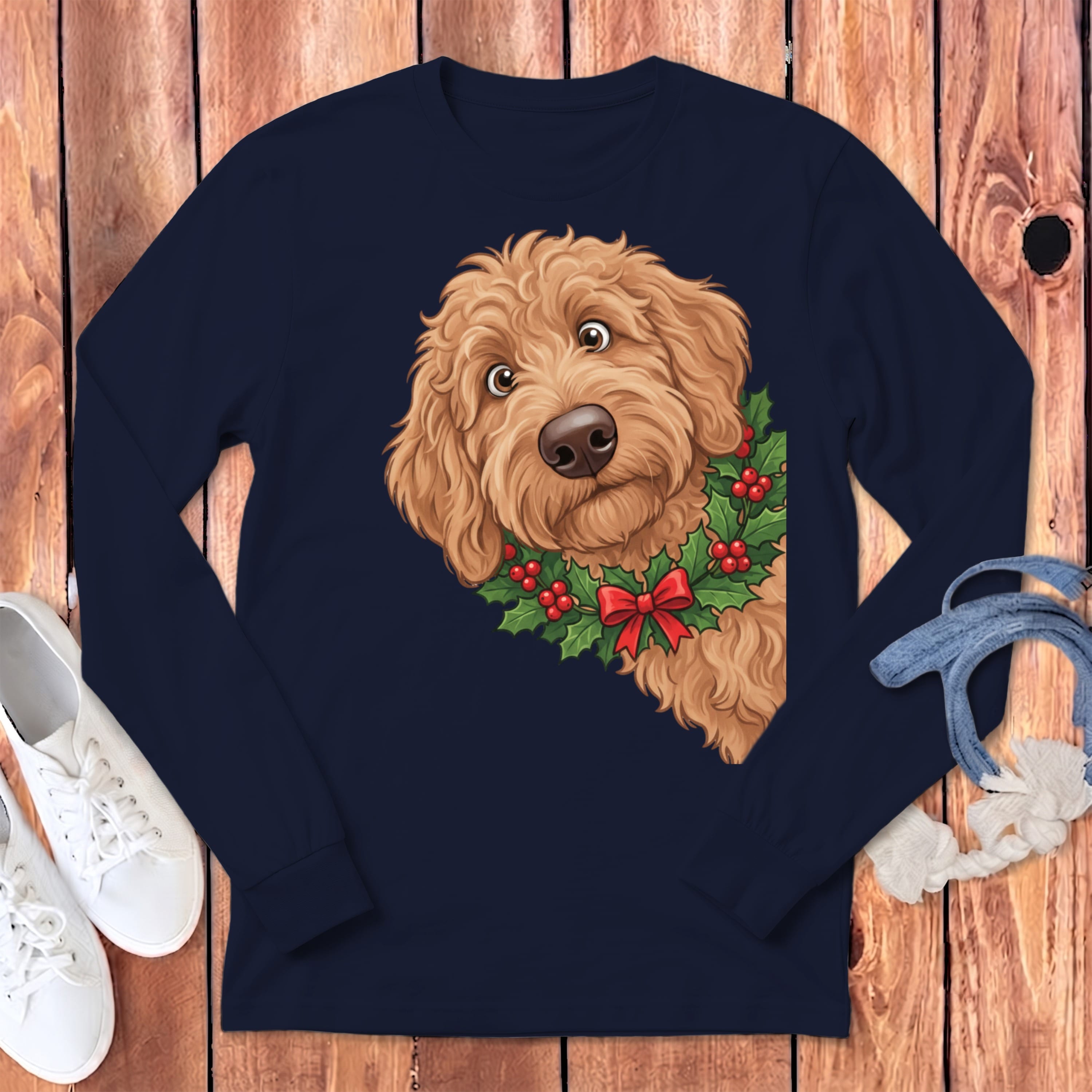 Peeking Holly Apricot Goldendoodle Long Sleeve T-Shirt in Navy / S by Puppy Jo