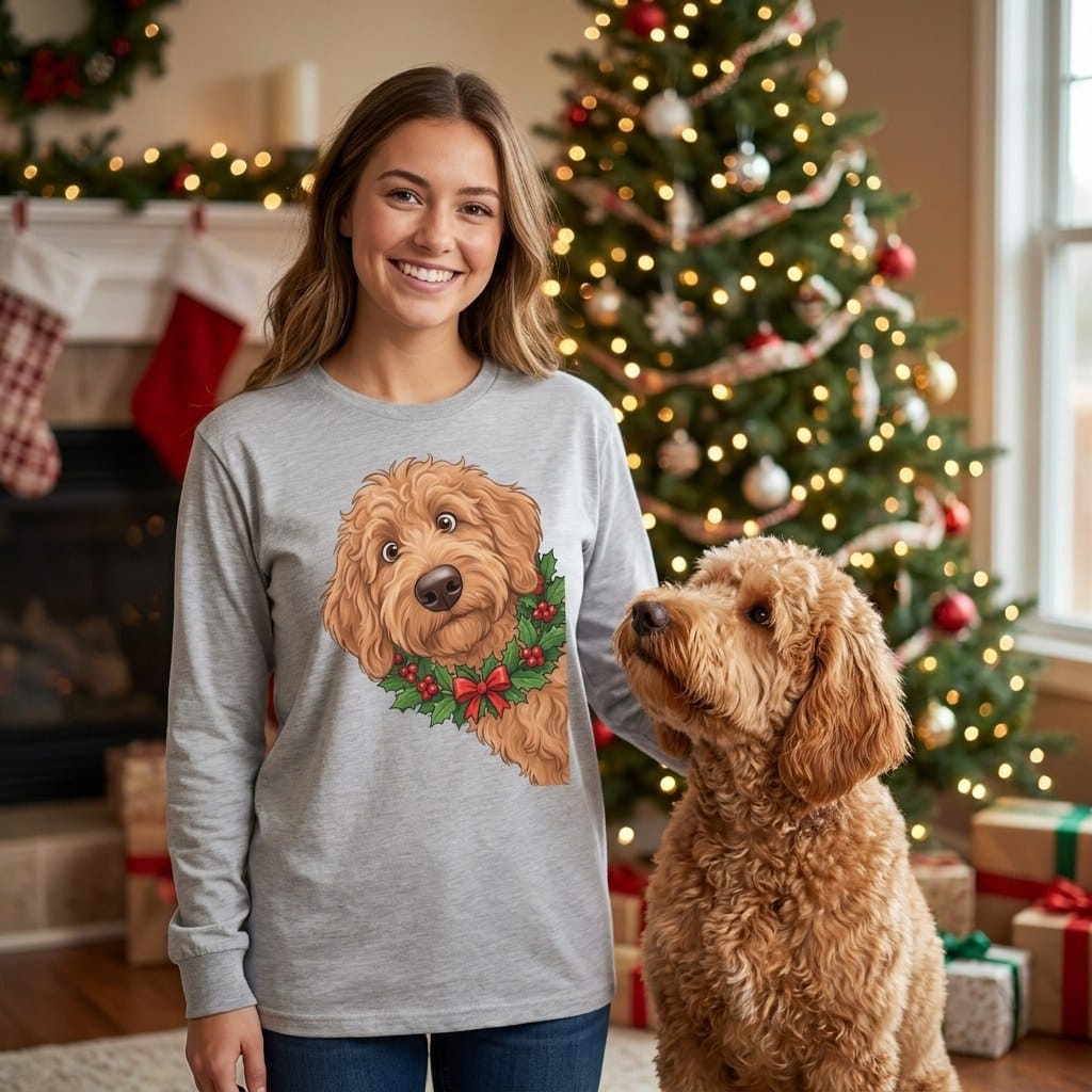 Peeking Holly Apricot Goldendoodle Long Sleeve T-Shirt in by Puppy Jo
