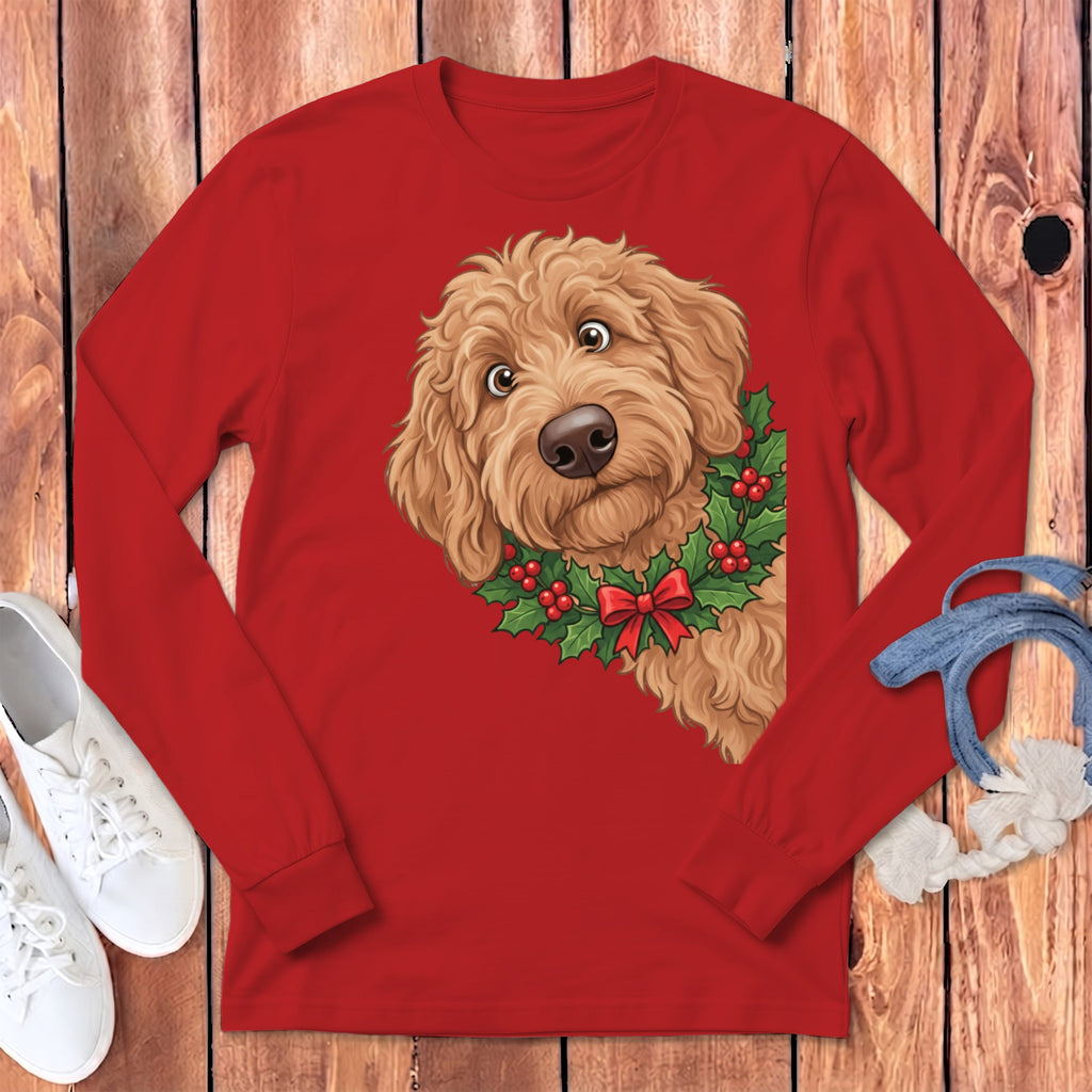 Peeking Holly Apricot Goldendoodle Long Sleeve T-Shirt in Red / S by Puppy Jo