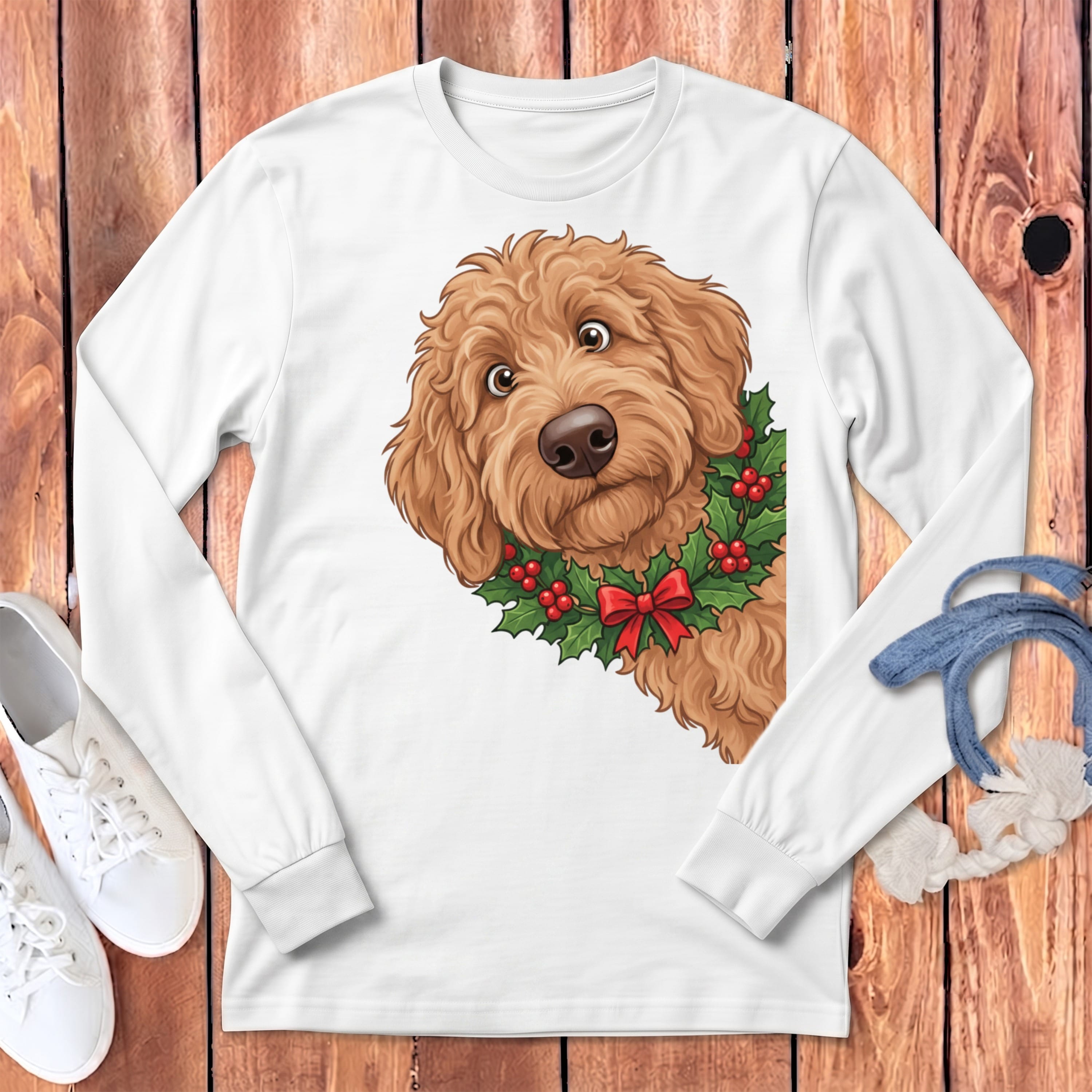 Peeking Holly Apricot Goldendoodle Long Sleeve T-Shirt in White / S by Puppy Jo