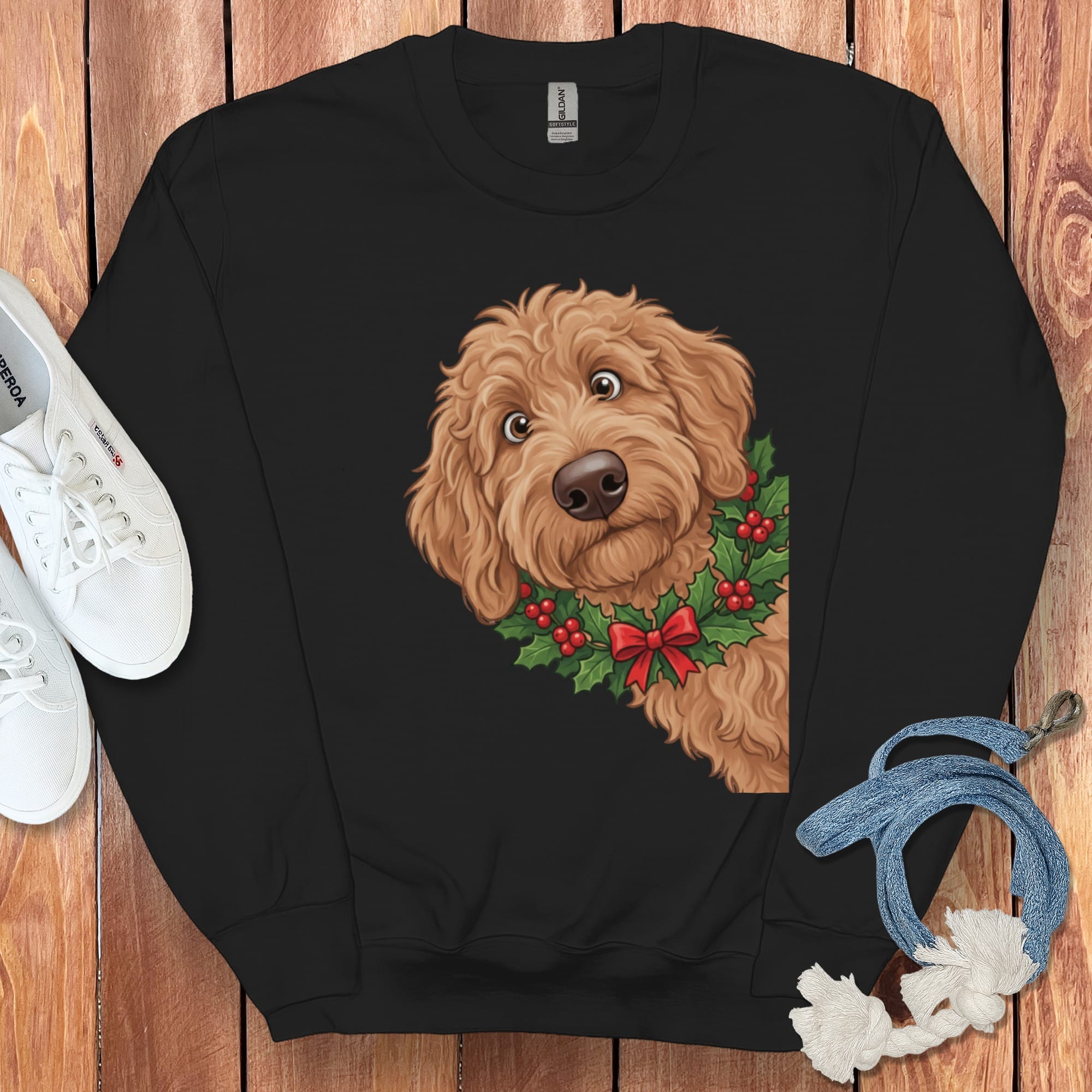 Peeking Holly Apricot Goldendoodle Sweatshirt in Black / M by Puppy Jo