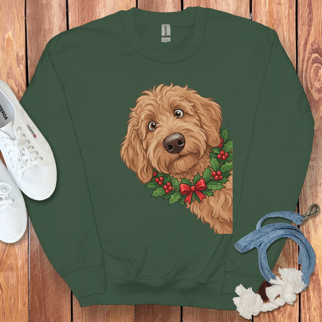 Peeking Holly Apricot Goldendoodle Sweatshirt in Forest Green / M by Puppy Jo