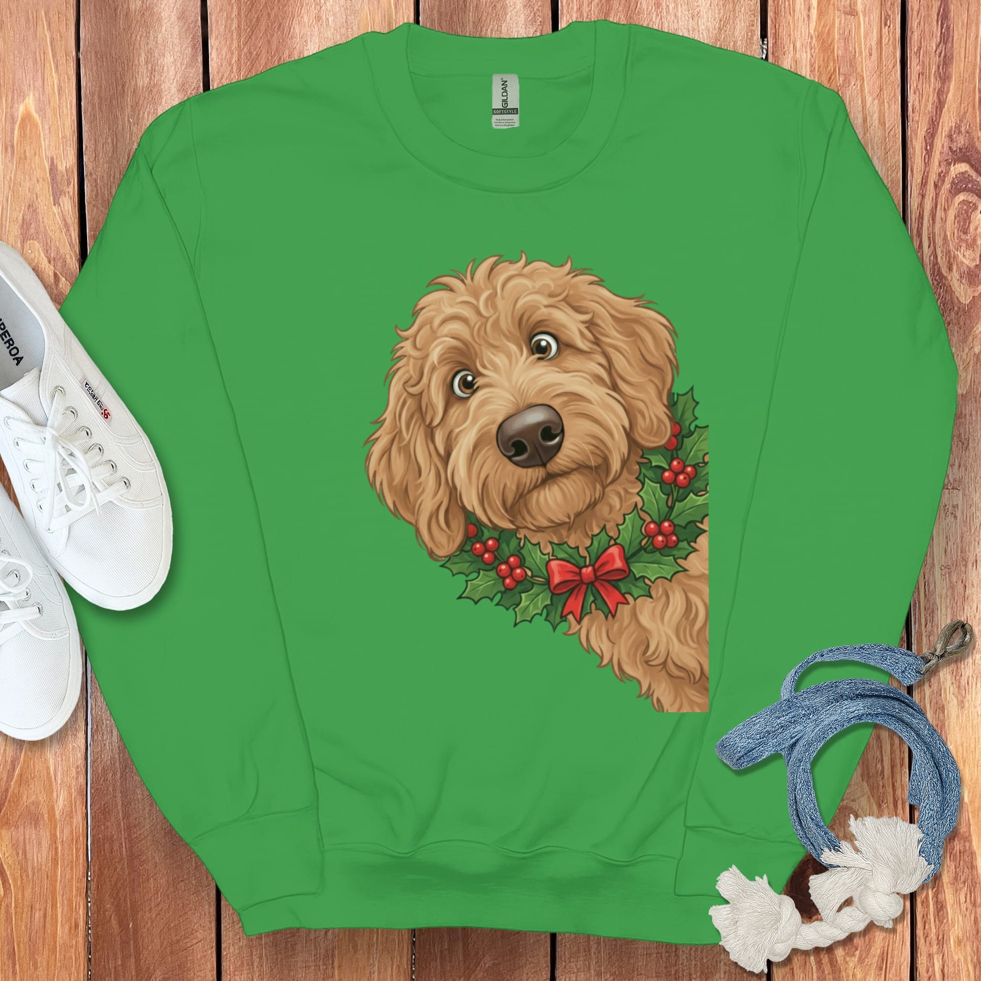 Peeking Holly Apricot Goldendoodle Sweatshirt in Irish Green / M by Puppy Jo