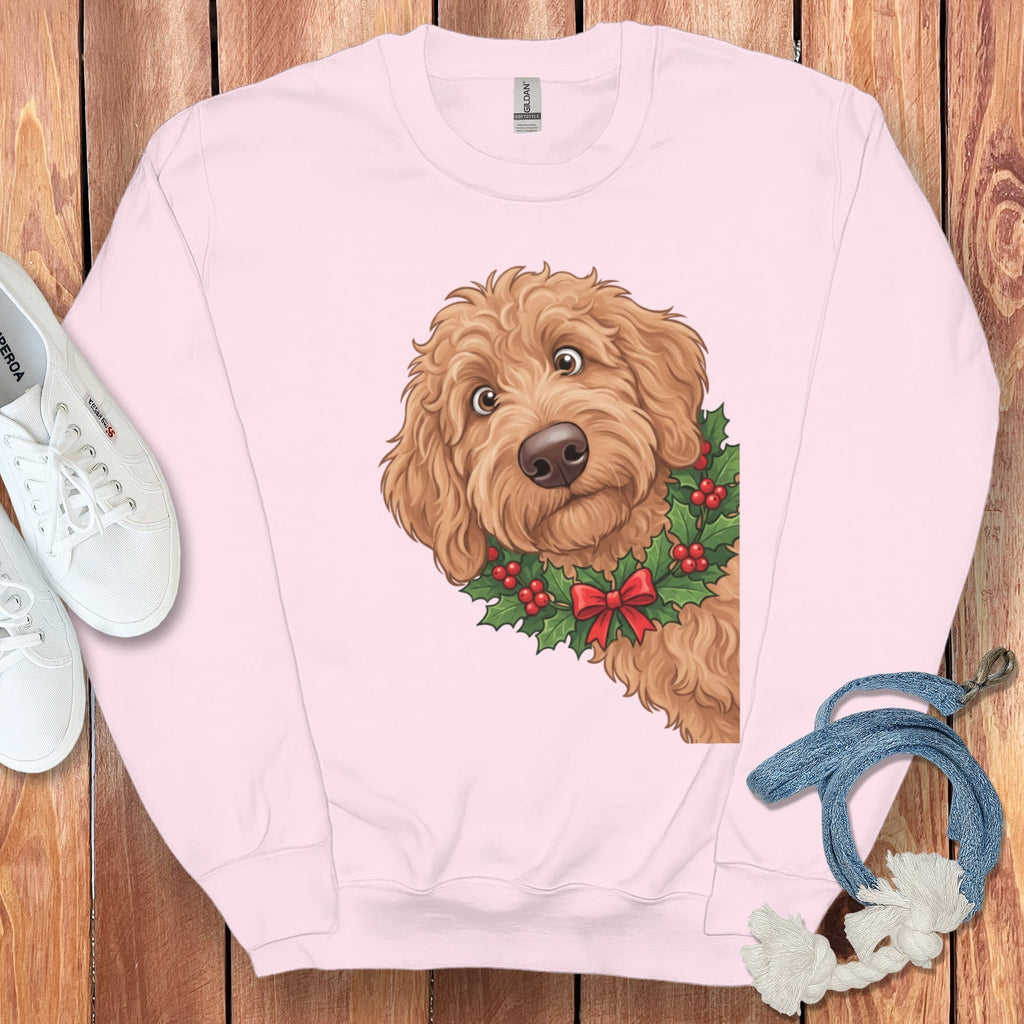 Peeking Holly Apricot Goldendoodle Sweatshirt in Light Pink / M by Puppy Jo