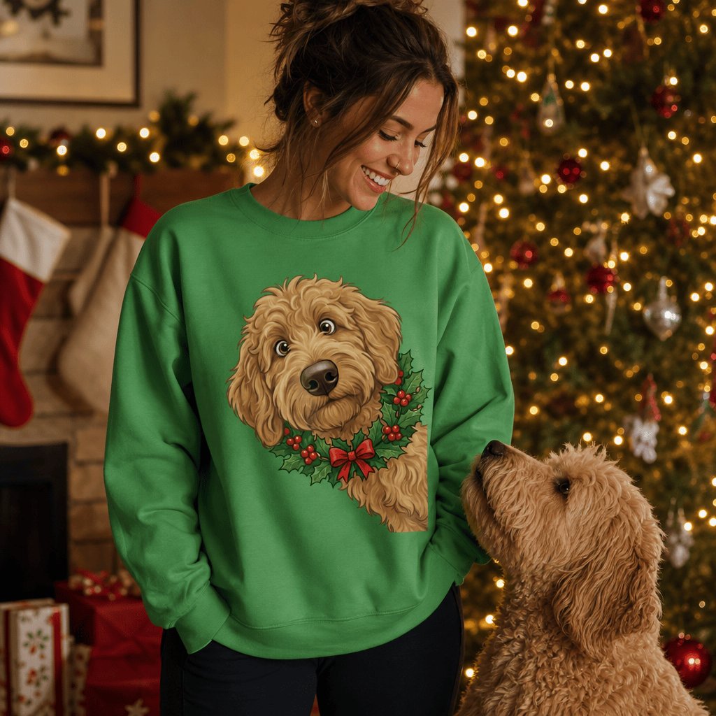 Peeking Holly Apricot Goldendoodle Sweatshirt in by Puppy Jo