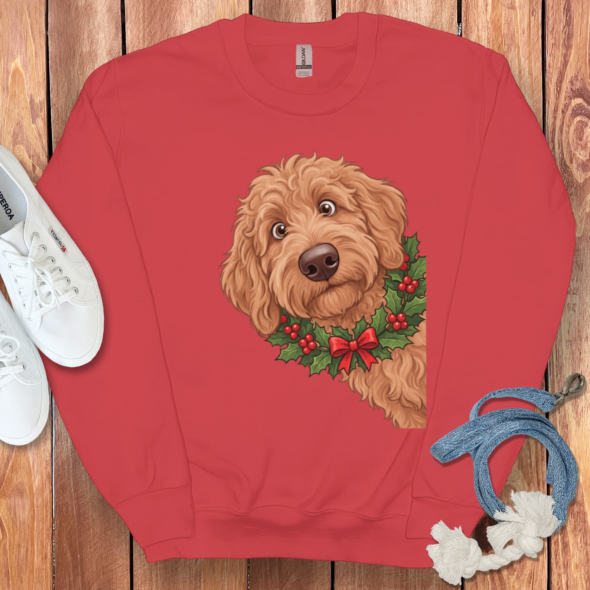 Peeking Holly Apricot Goldendoodle Sweatshirt in Red / M by Puppy Jo