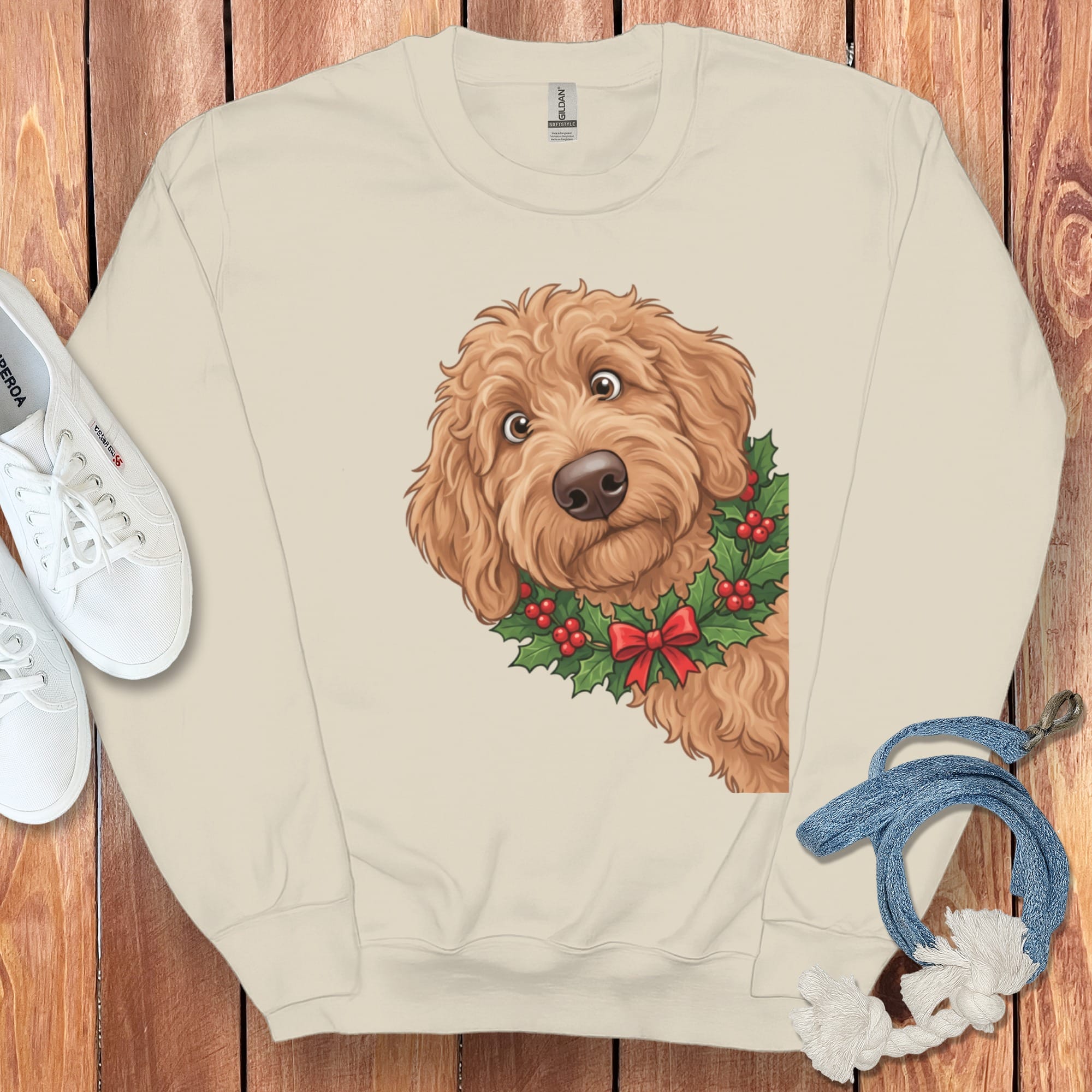 Peeking Holly Apricot Goldendoodle Sweatshirt in Sand / M by Puppy Jo