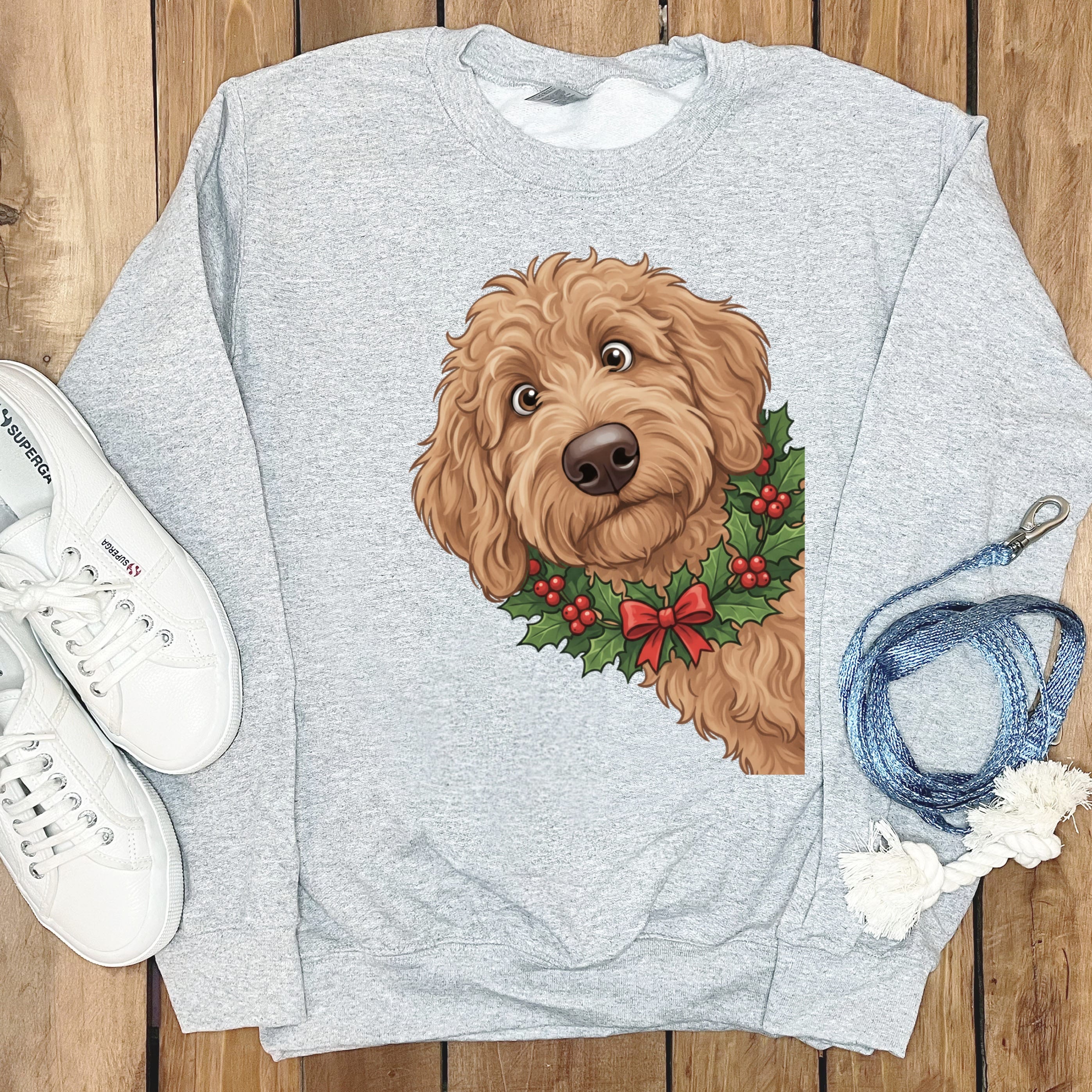 Peeking Holly Apricot Goldendoodle Sweatshirt in Sport Grey / M by Puppy Jo