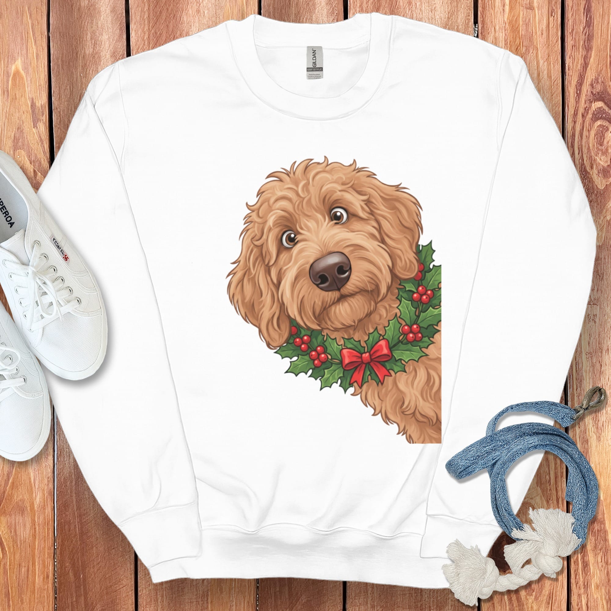 Peeking Holly Apricot Goldendoodle Sweatshirt in White / M by Puppy Jo