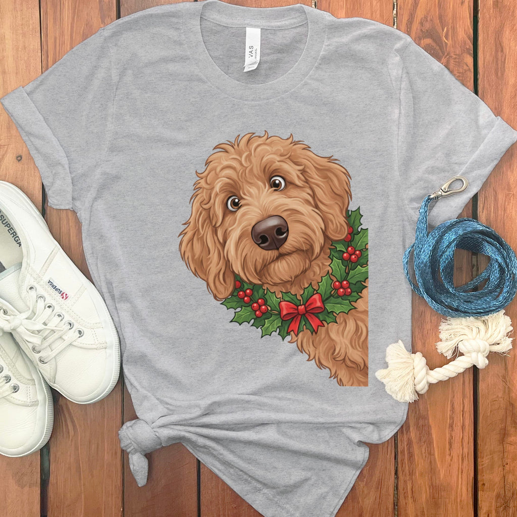Peeking Holly Apricot Goldendoodle T-Shirt in Athletic Heather / M / T-Shirts by Puppy Jo