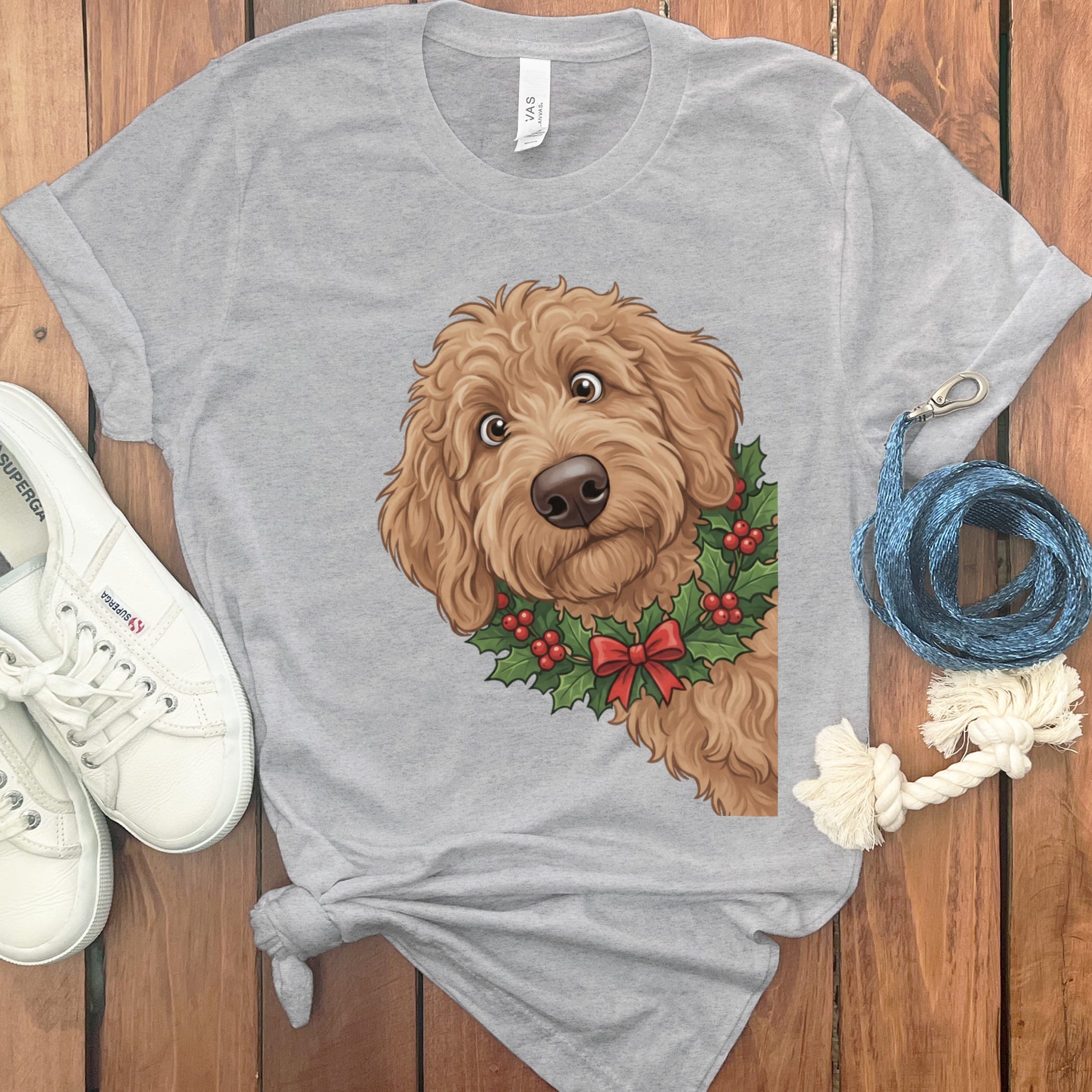 Peeking Holly Apricot Goldendoodle T-Shirt in Athletic Heather / M / T-Shirts by Puppy Jo