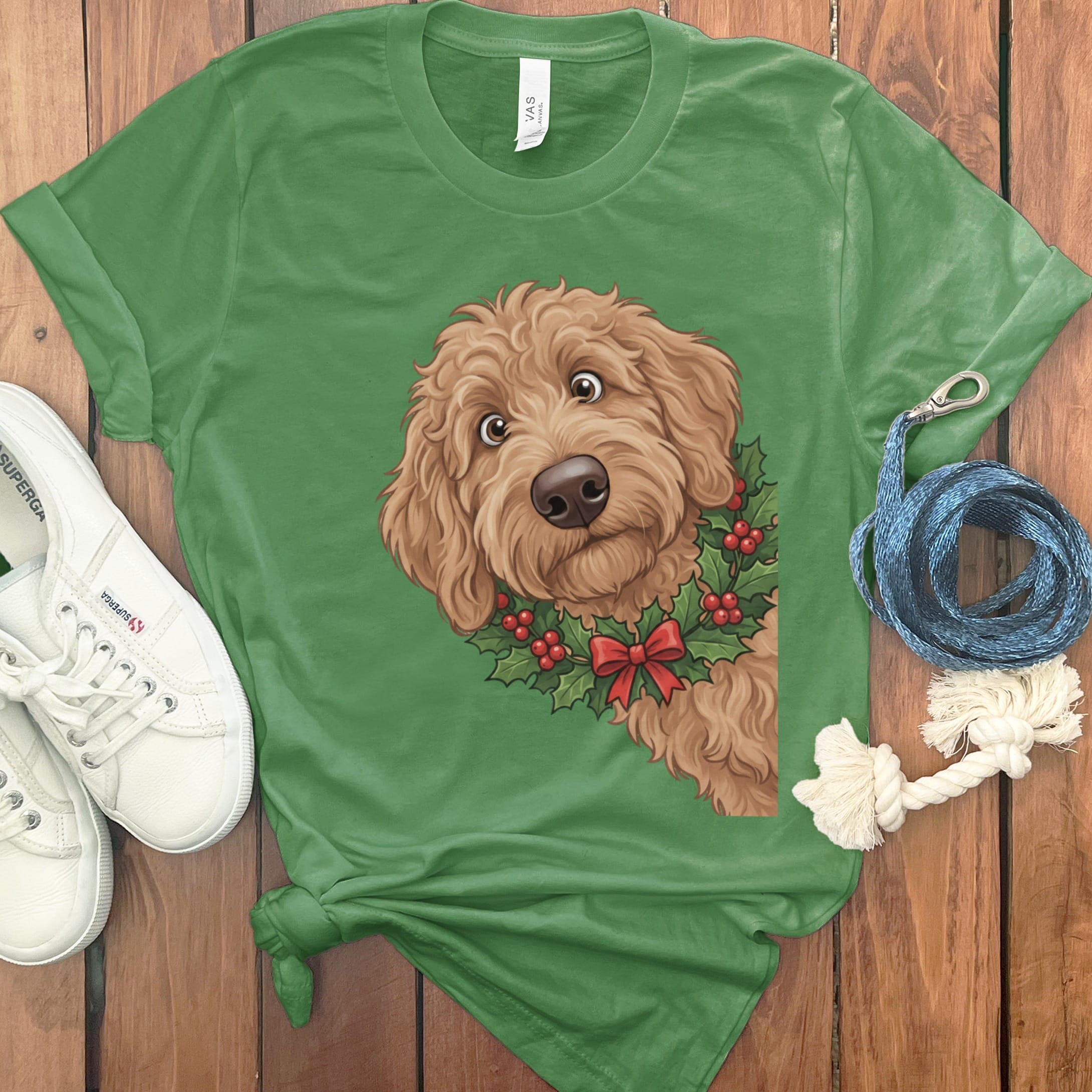 Peeking Holly Apricot Goldendoodle T-Shirt in Leaf / M / T-Shirts by Puppy Jo