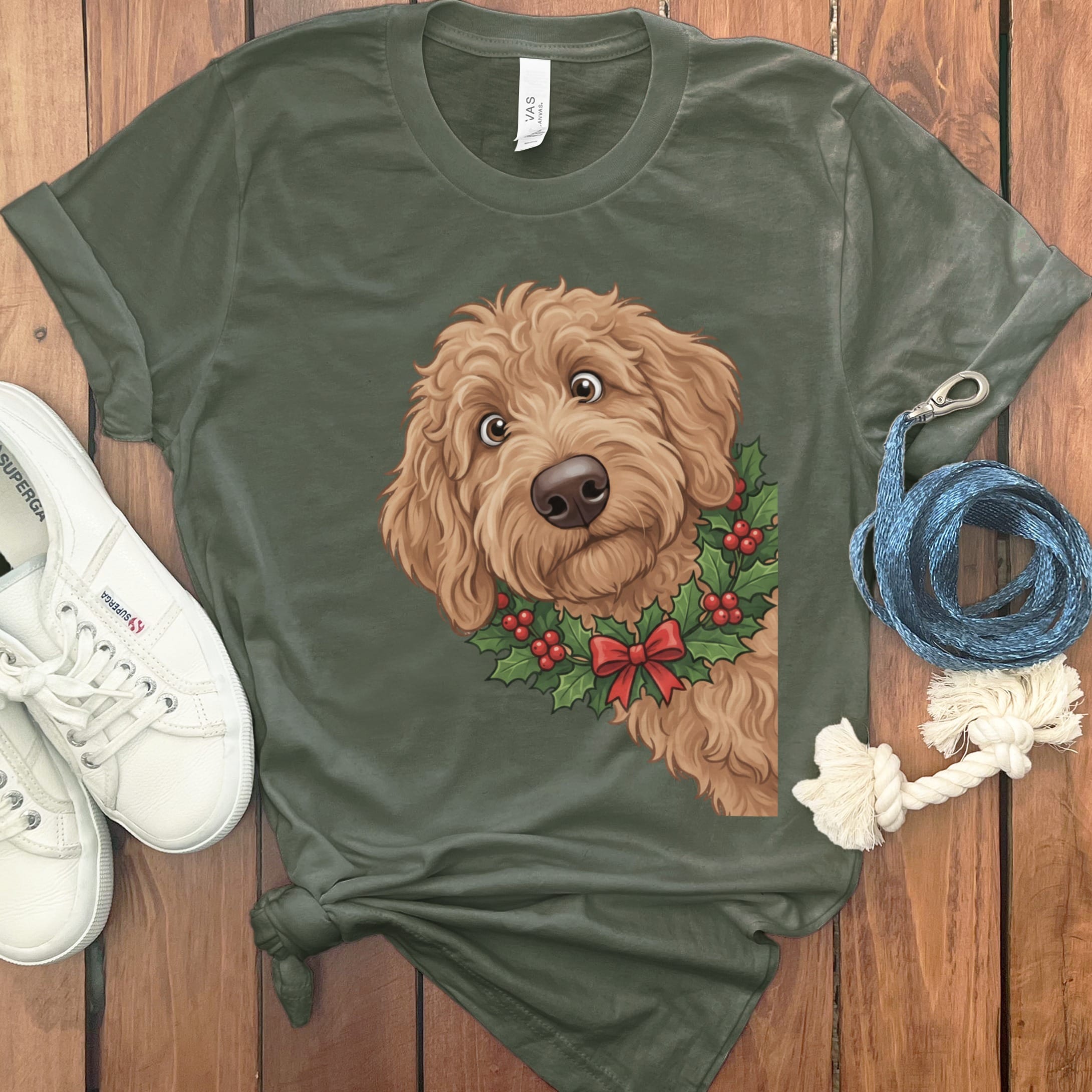 Peeking Holly Apricot Goldendoodle T-Shirt in Military Green / M / T-Shirts by Puppy Jo