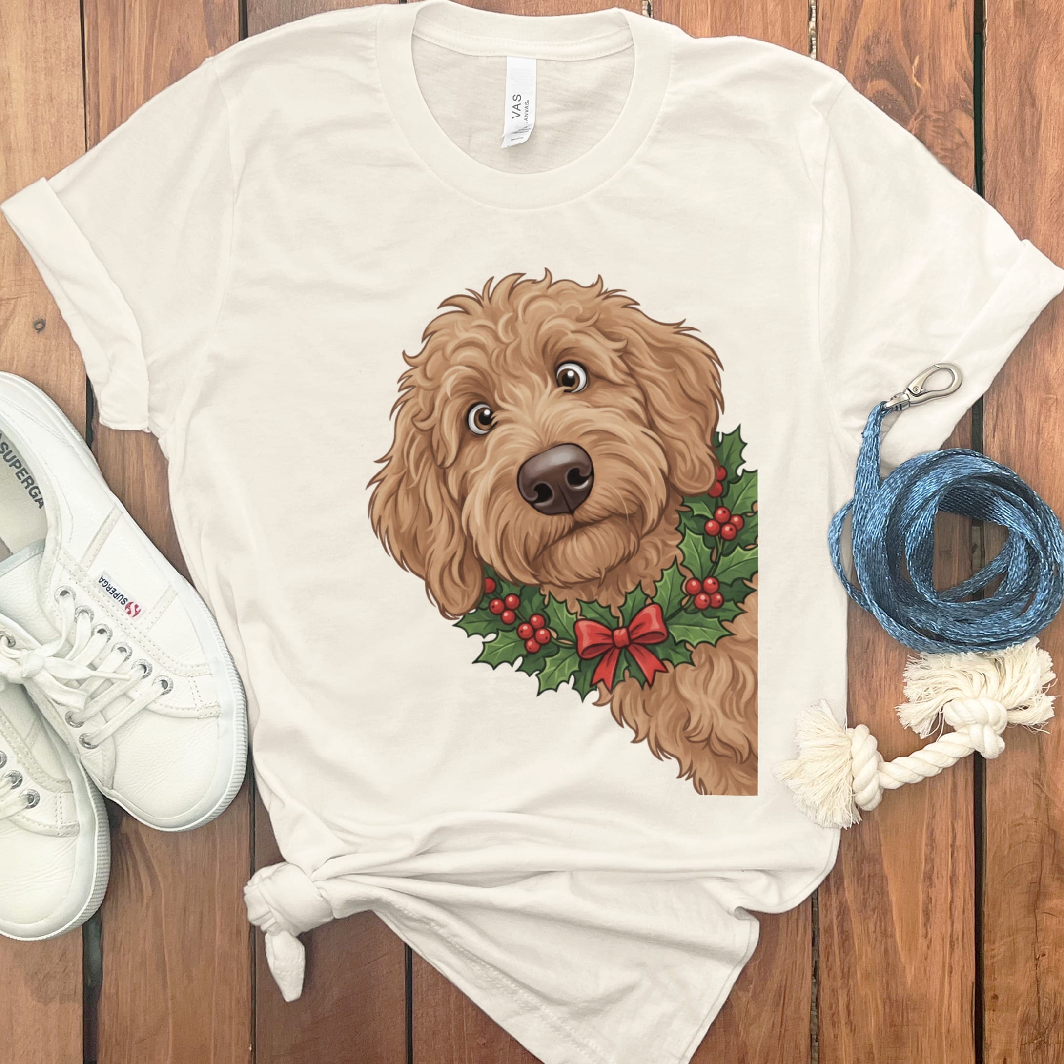 Peeking Holly Apricot Goldendoodle T-Shirt in Natural / M / T-Shirts by Puppy Jo
