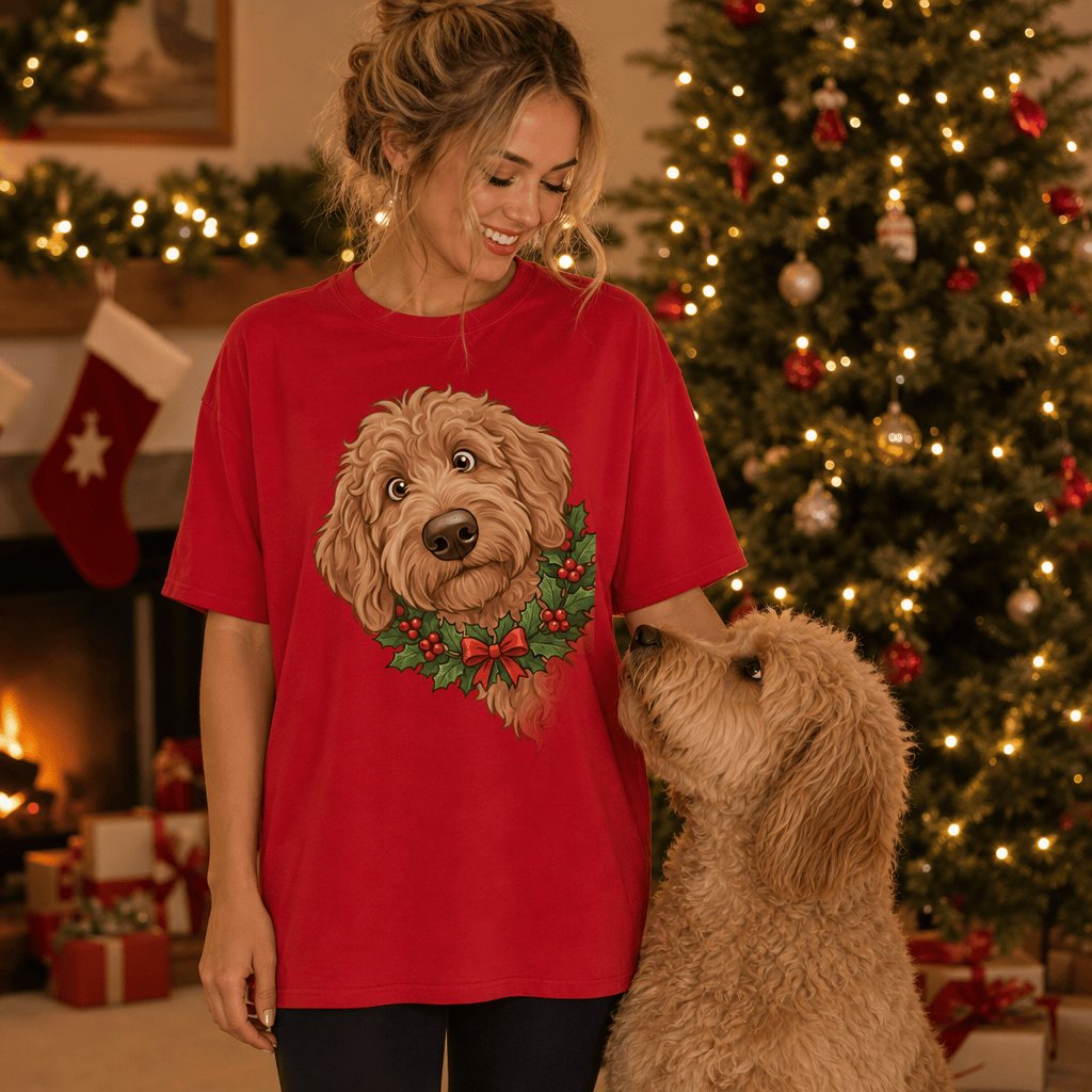 Peeking Holly Apricot Goldendoodle T-Shirt in by Puppy Jo