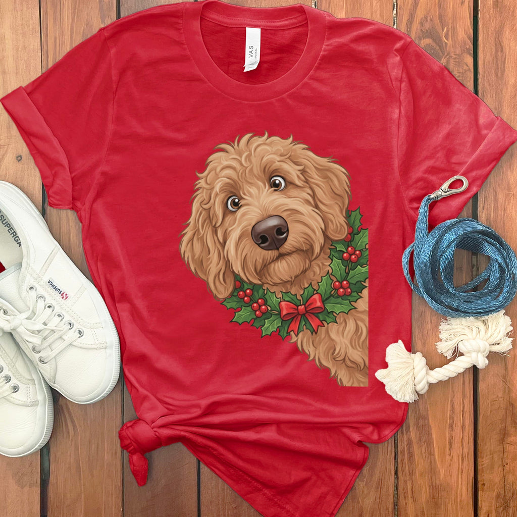 Peeking Holly Apricot Goldendoodle T-Shirt in Red / M / T-Shirts by Puppy Jo