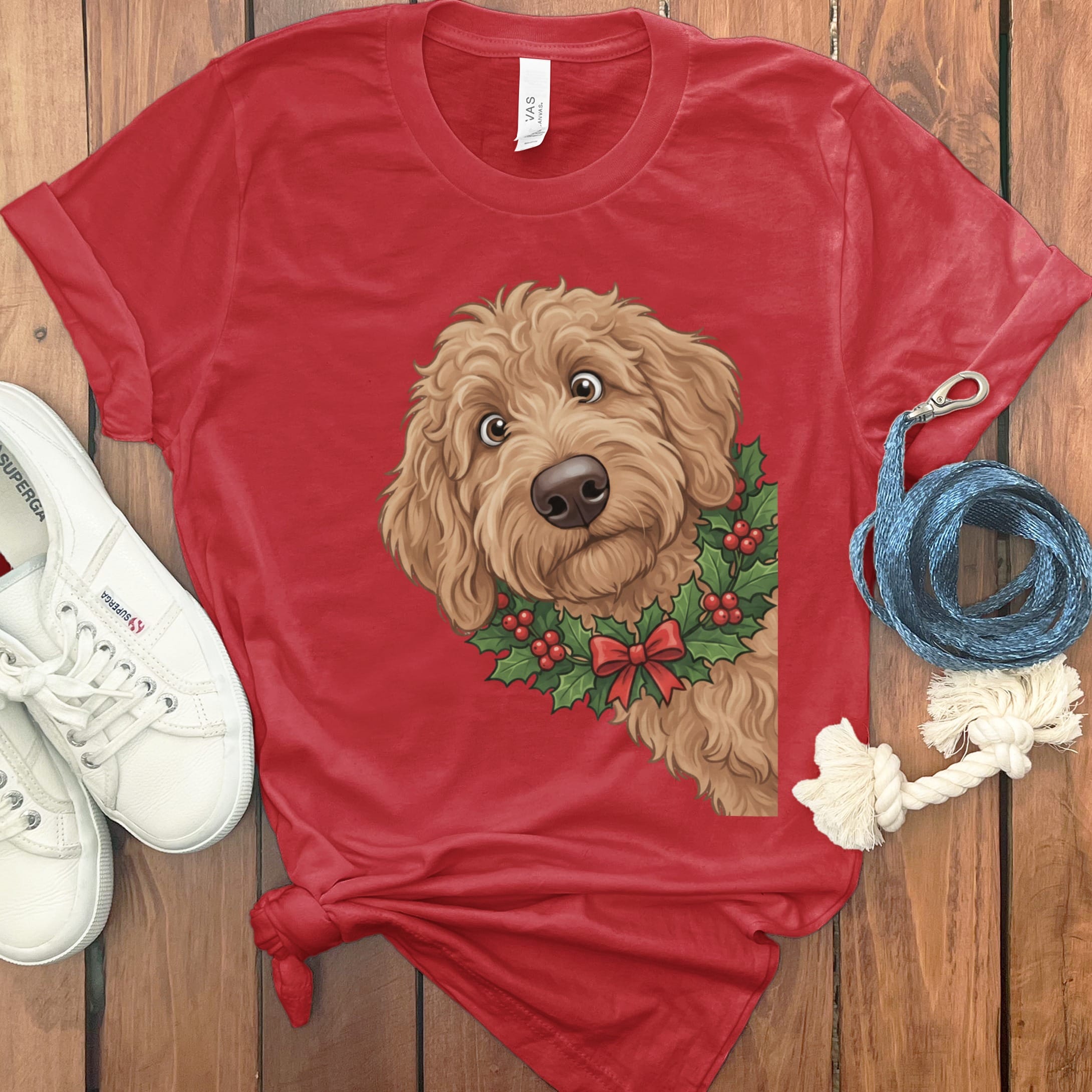 Peeking Holly Apricot Goldendoodle T-Shirt in Red / M / T-Shirts by Puppy Jo