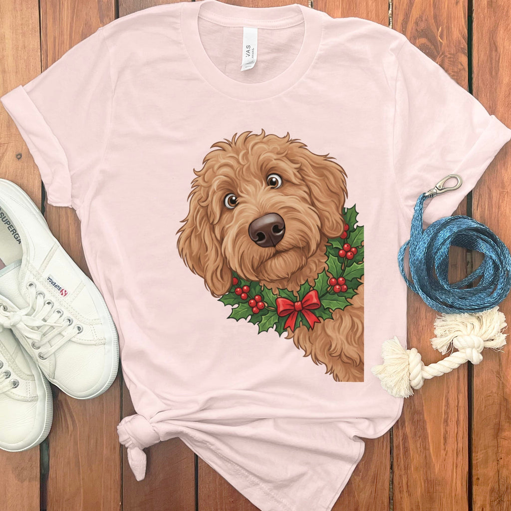 Peeking Holly Apricot Goldendoodle T-Shirt in Soft Pink / M / T-Shirts by Puppy Jo