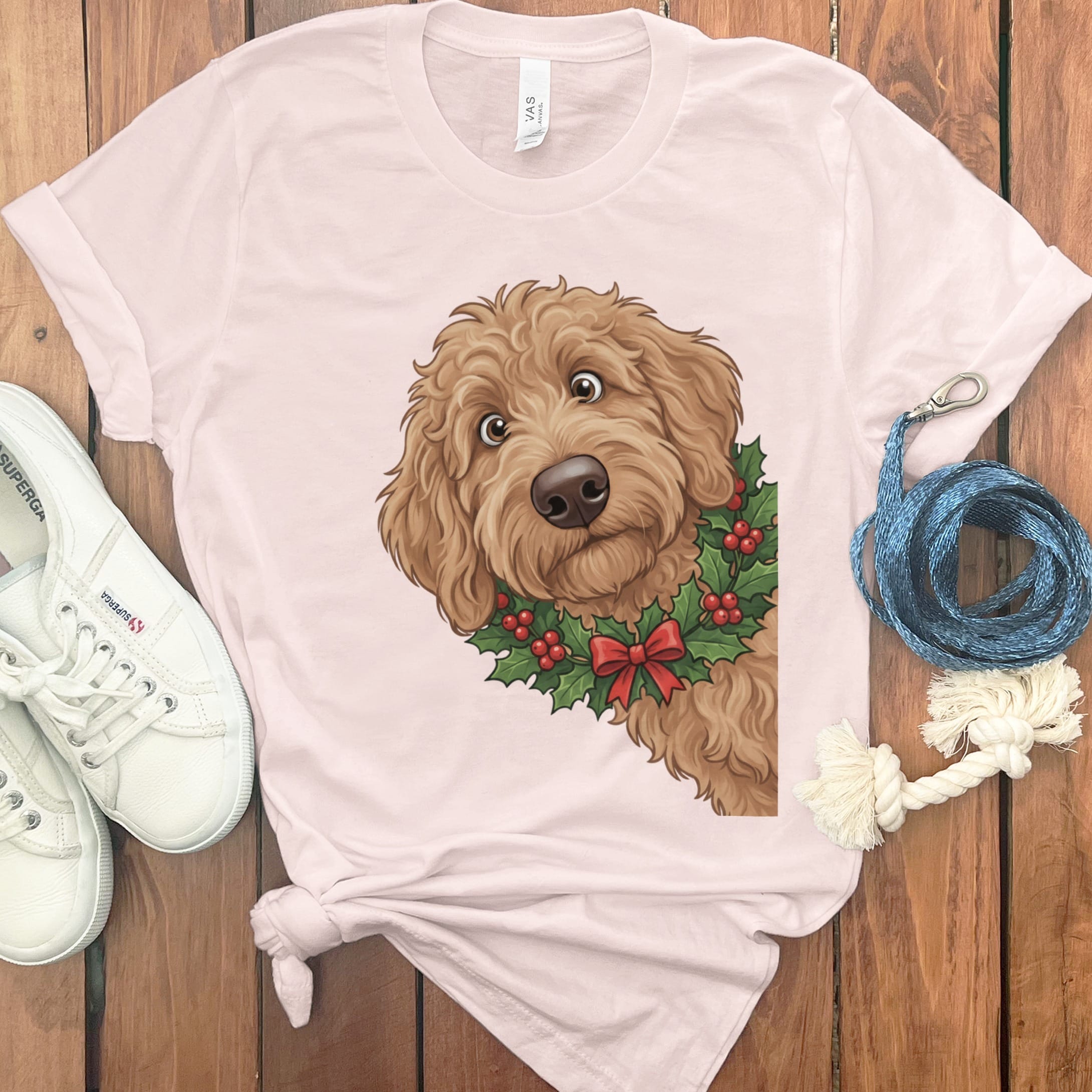 Peeking Holly Apricot Goldendoodle T-Shirt in Soft Pink / M / T-Shirts by Puppy Jo