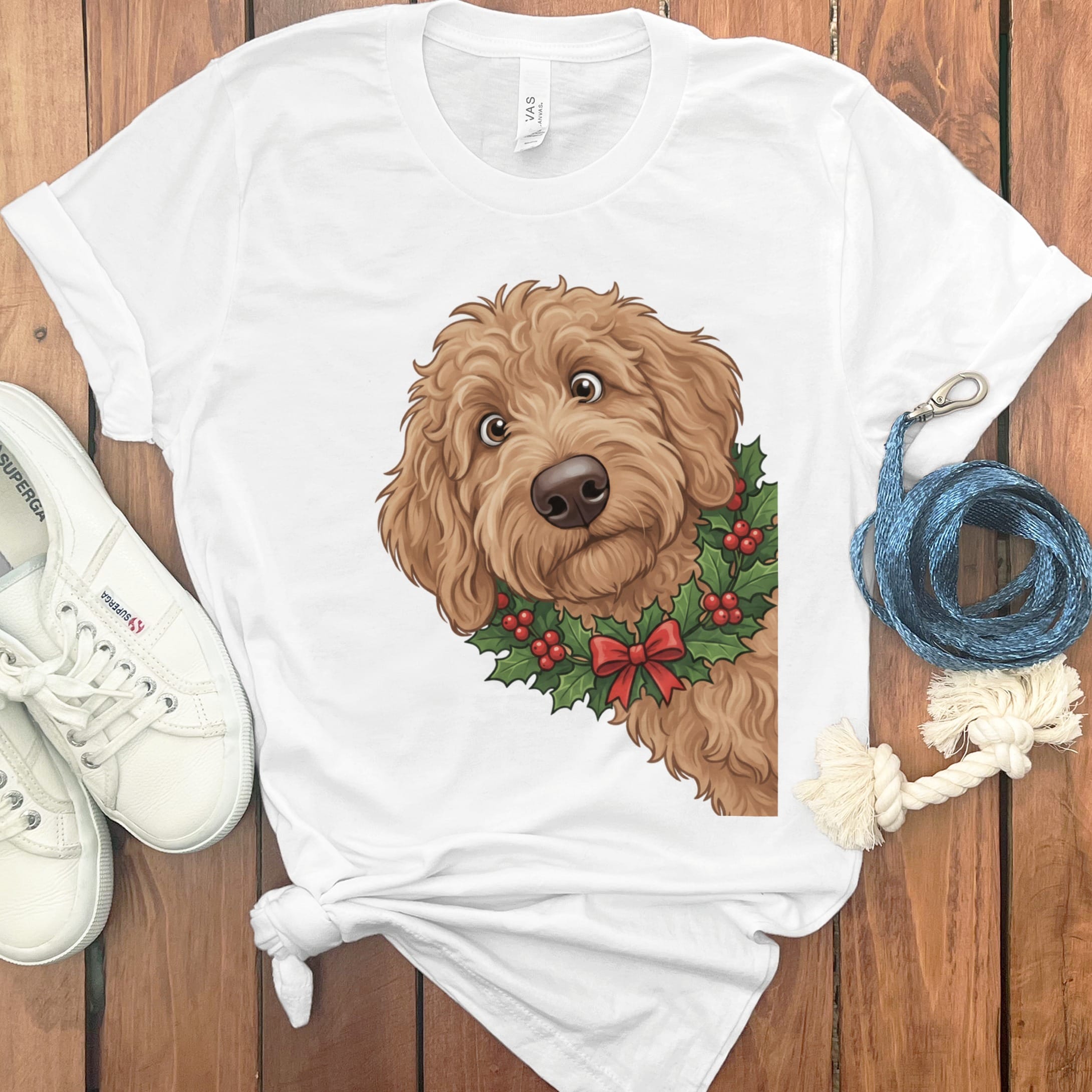 Peeking Holly Apricot Goldendoodle T-Shirt in White / M / T-Shirts by Puppy Jo