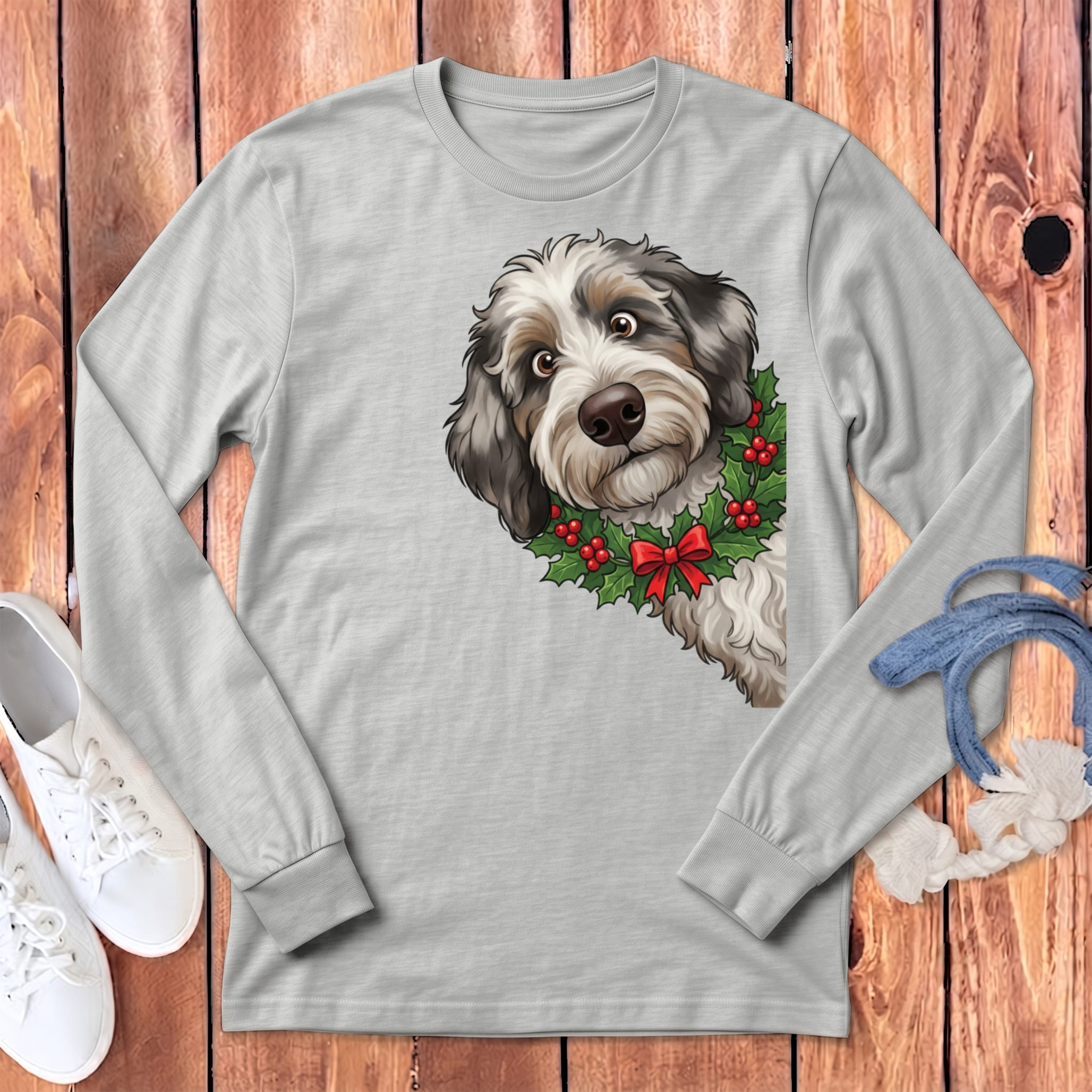 Peeking Holly Aussiedoodle Long Sleeve T-Shirt in Athletic Heather / S by Puppy Jo