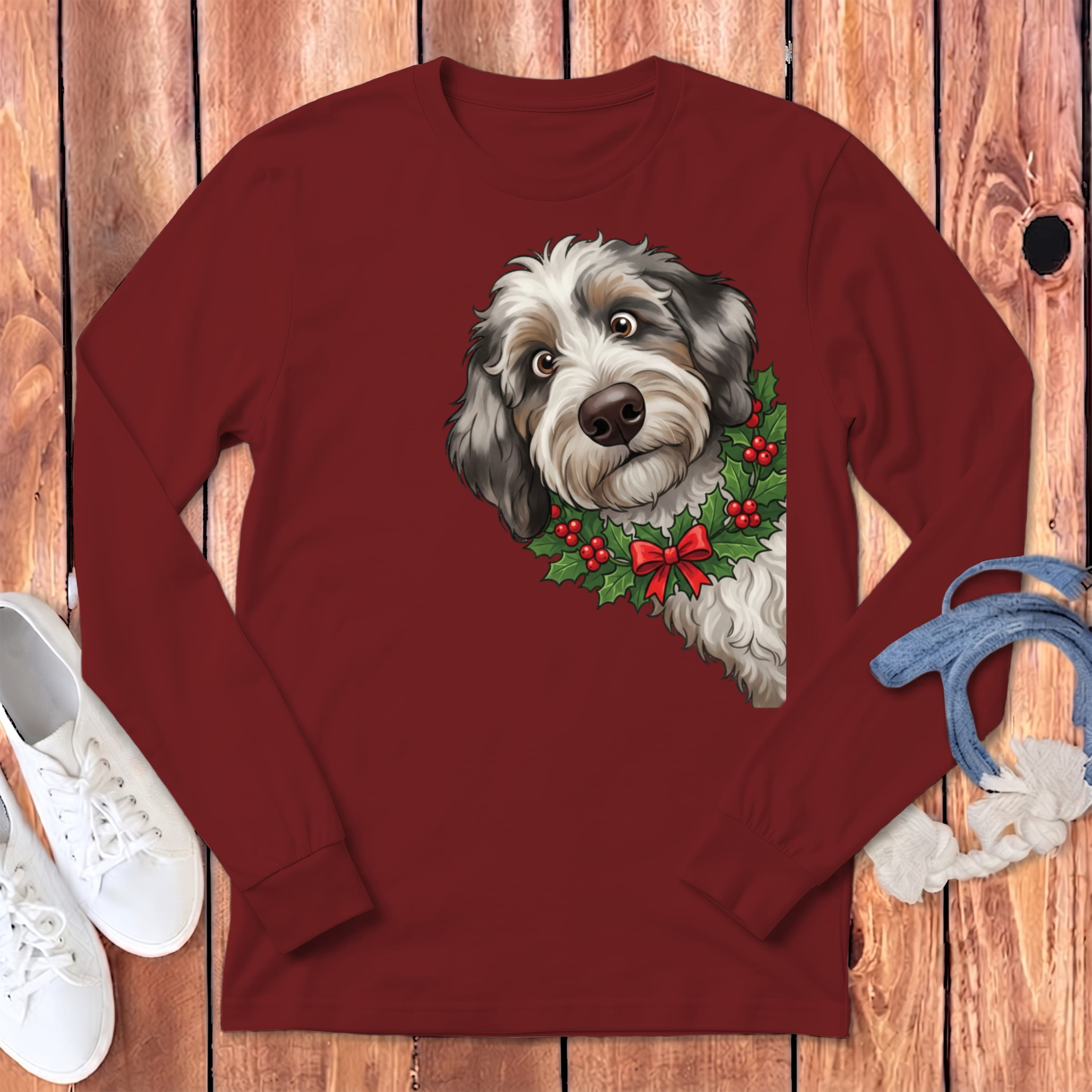 Peeking Holly Aussiedoodle Long Sleeve T-Shirt in Cardinal / S by Puppy Jo