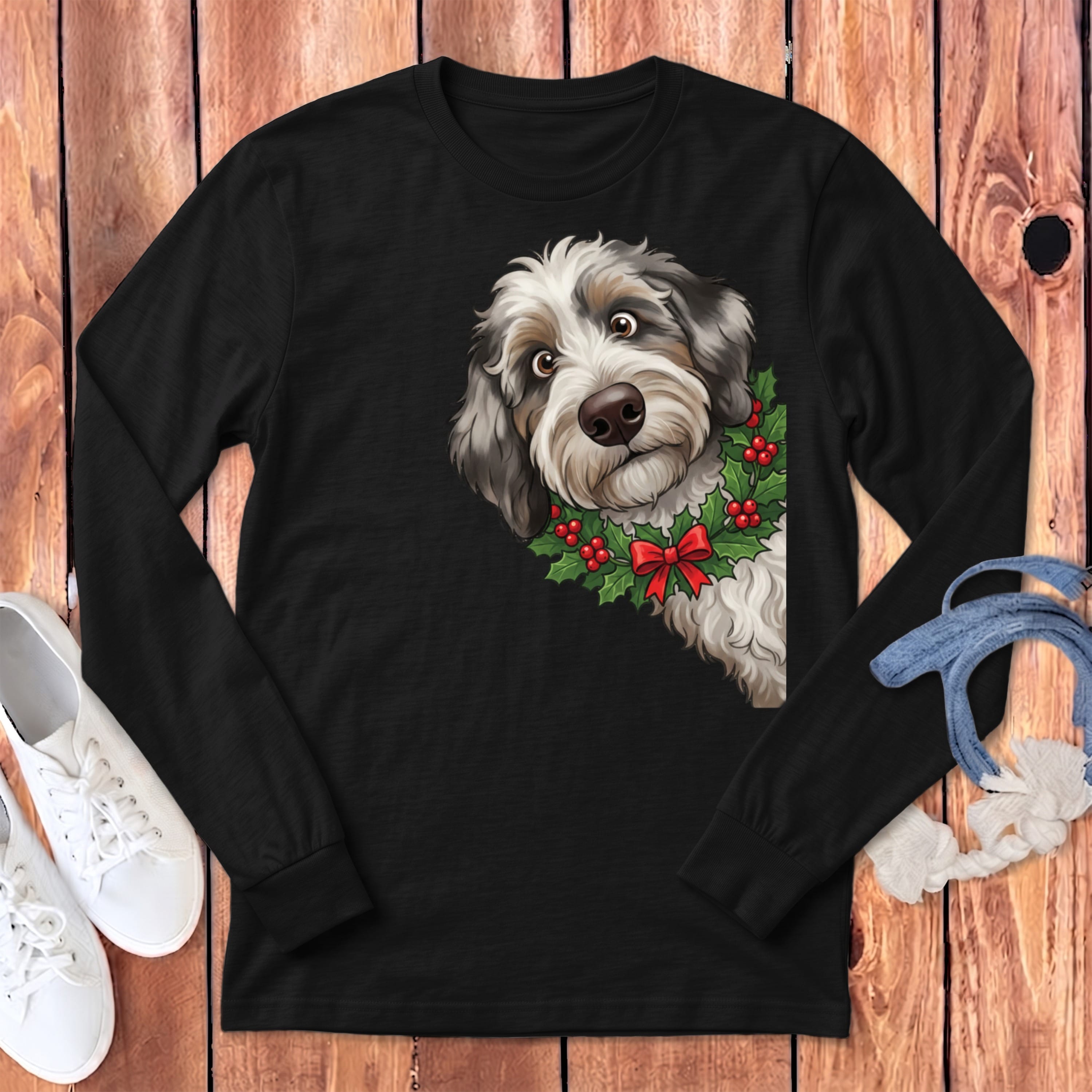 Peeking Holly Aussiedoodle Long Sleeve T-Shirt in Dark Grey Heather / S by Puppy Jo