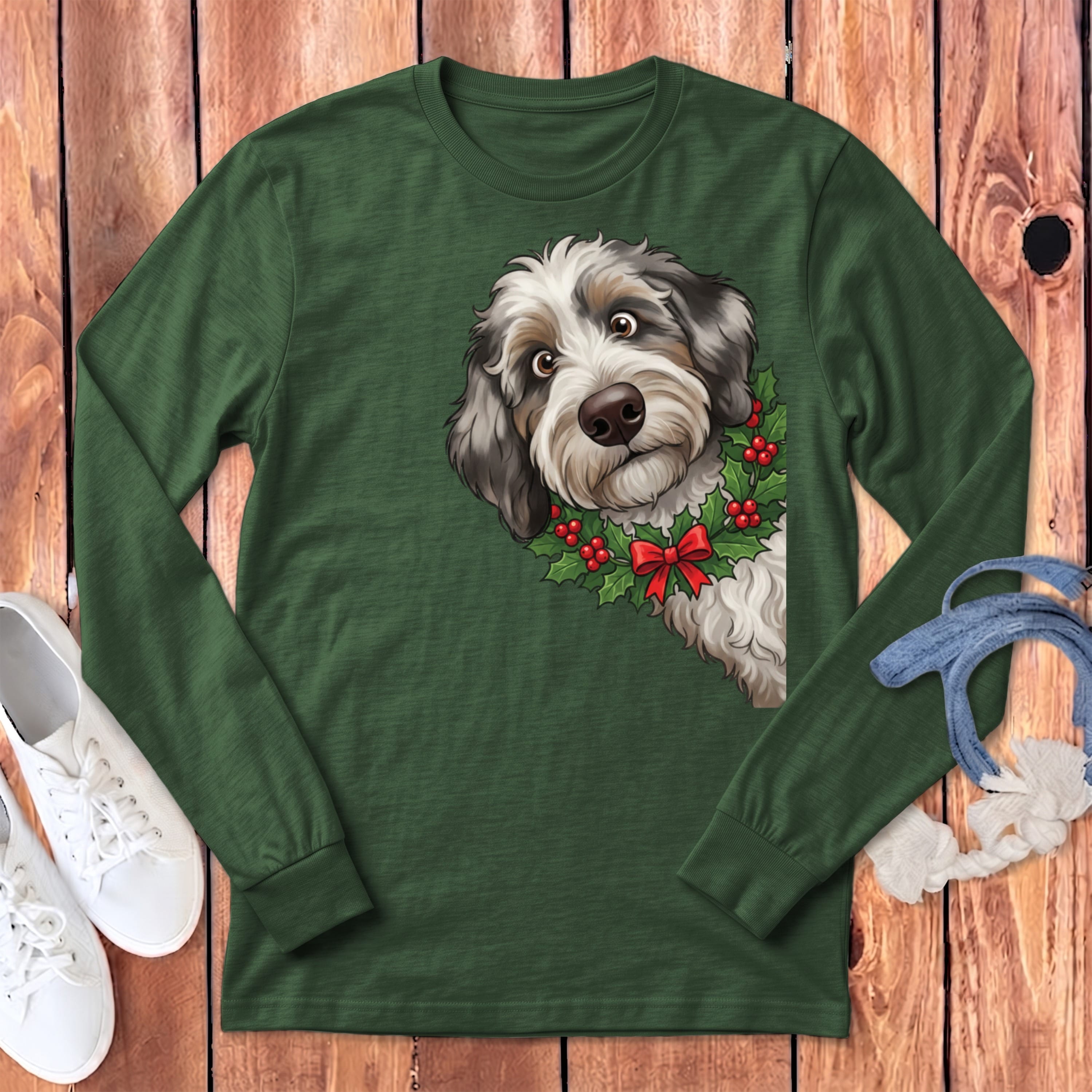 Peeking Holly Aussiedoodle Long Sleeve T-Shirt in Heather Forest / S by Puppy Jo