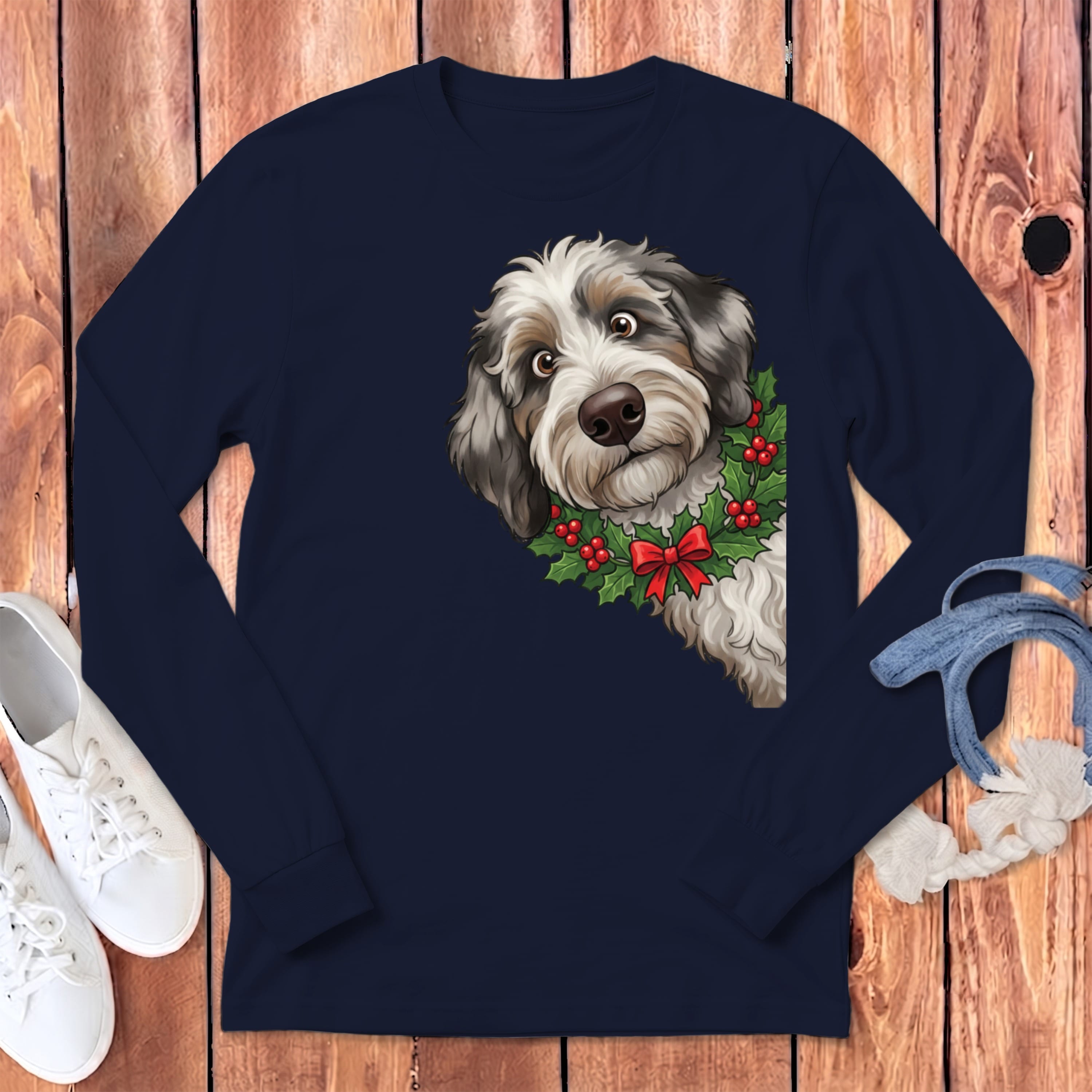 Peeking Holly Aussiedoodle Long Sleeve T-Shirt in Navy / S by Puppy Jo