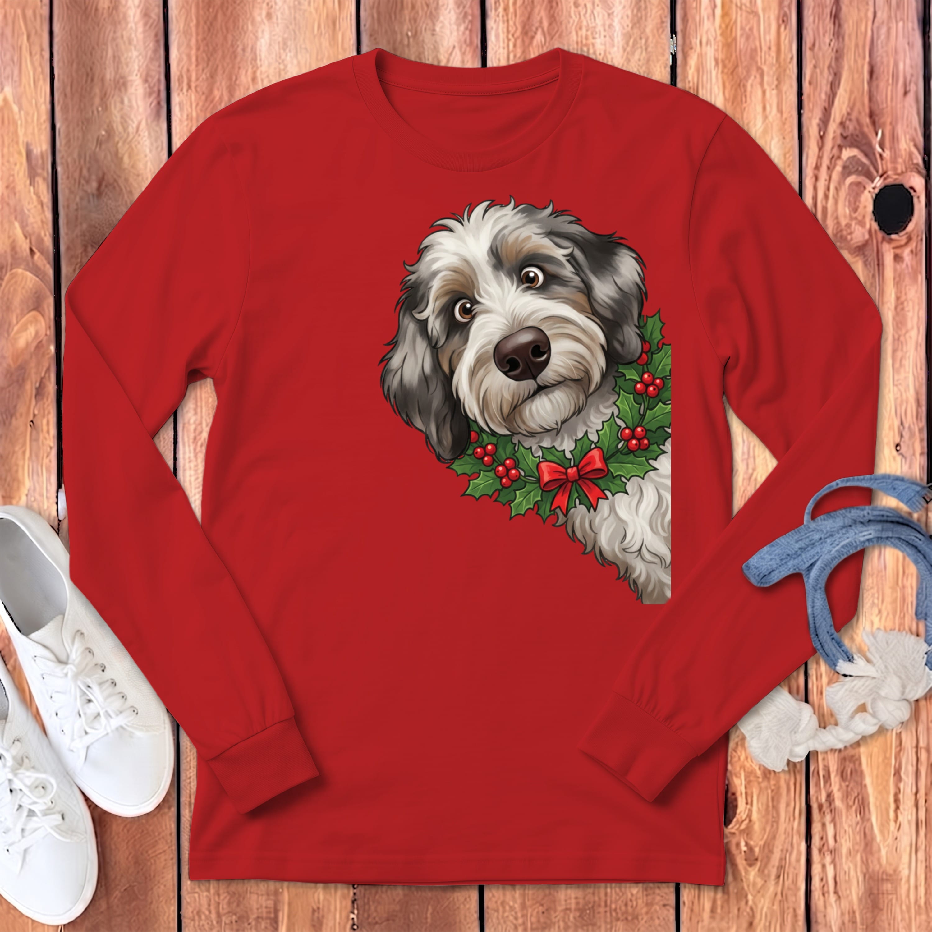 Peeking Holly Aussiedoodle Long Sleeve T-Shirt in Red / S by Puppy Jo