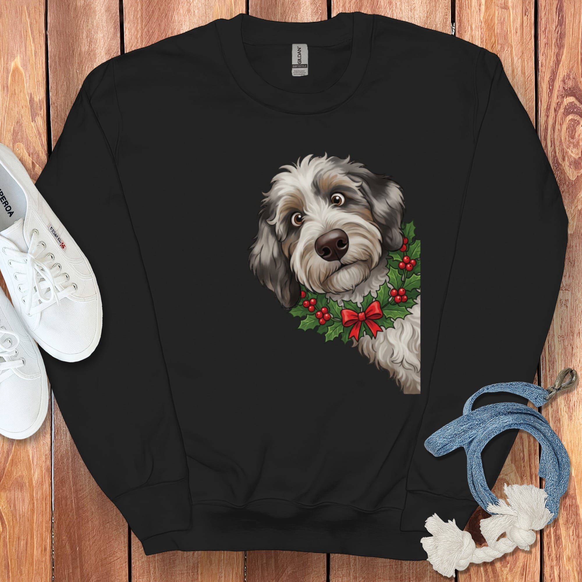 Peeking Holly Aussiedoodle Sweatshirt in Black / M by Puppy Jo