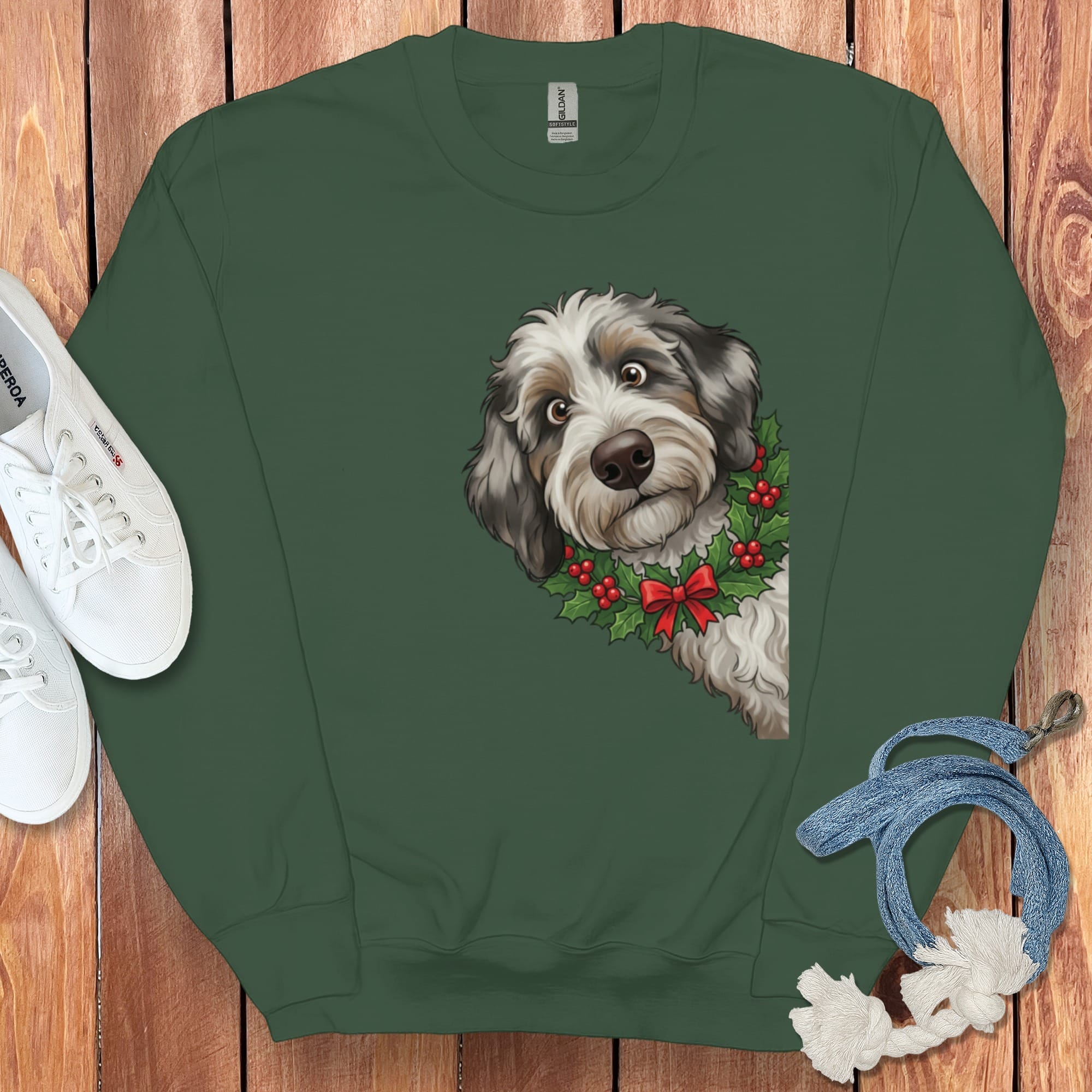 Peeking Holly Aussiedoodle Sweatshirt in Forest Green / M by Puppy Jo