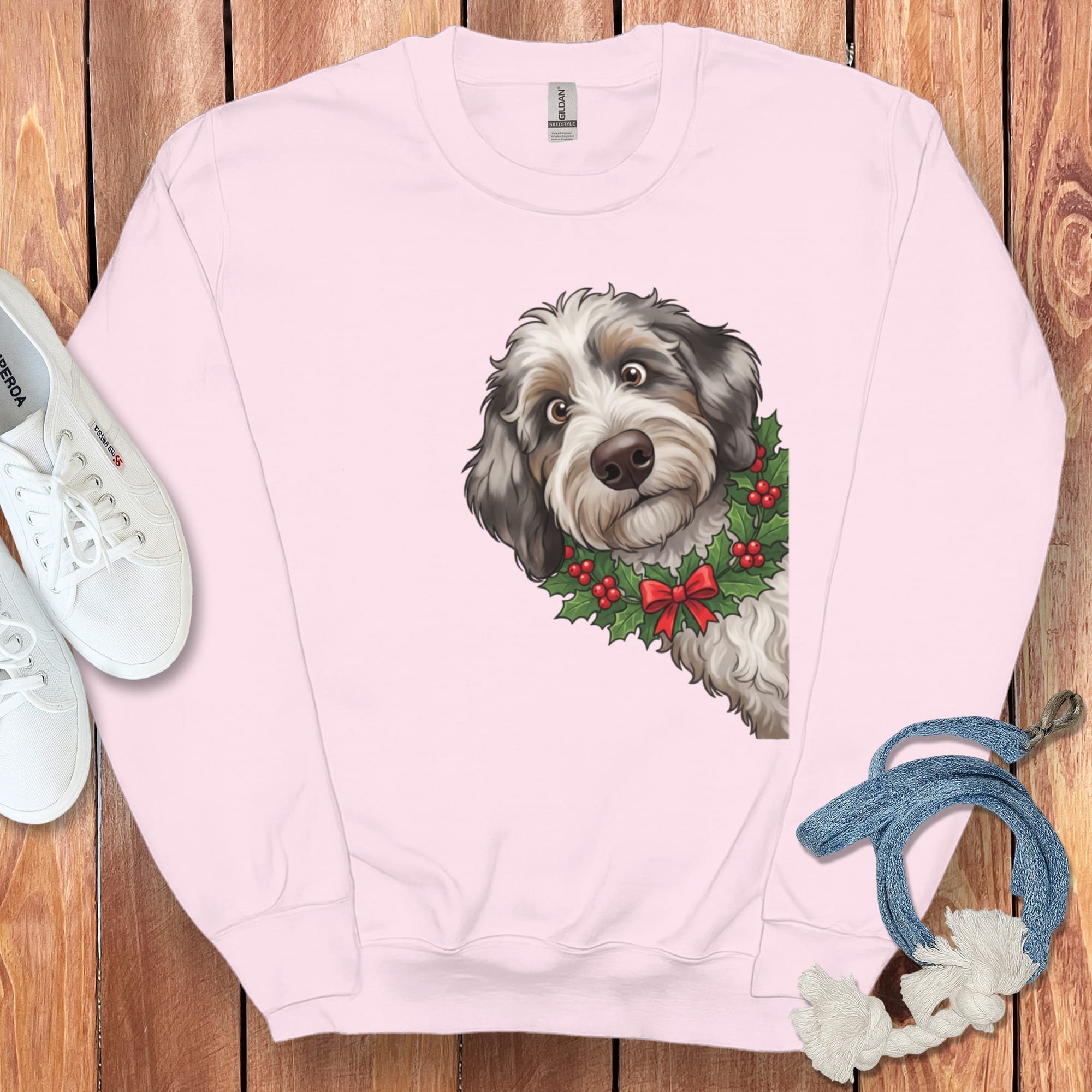 Peeking Holly Aussiedoodle Sweatshirt in Light Pink / M by Puppy Jo