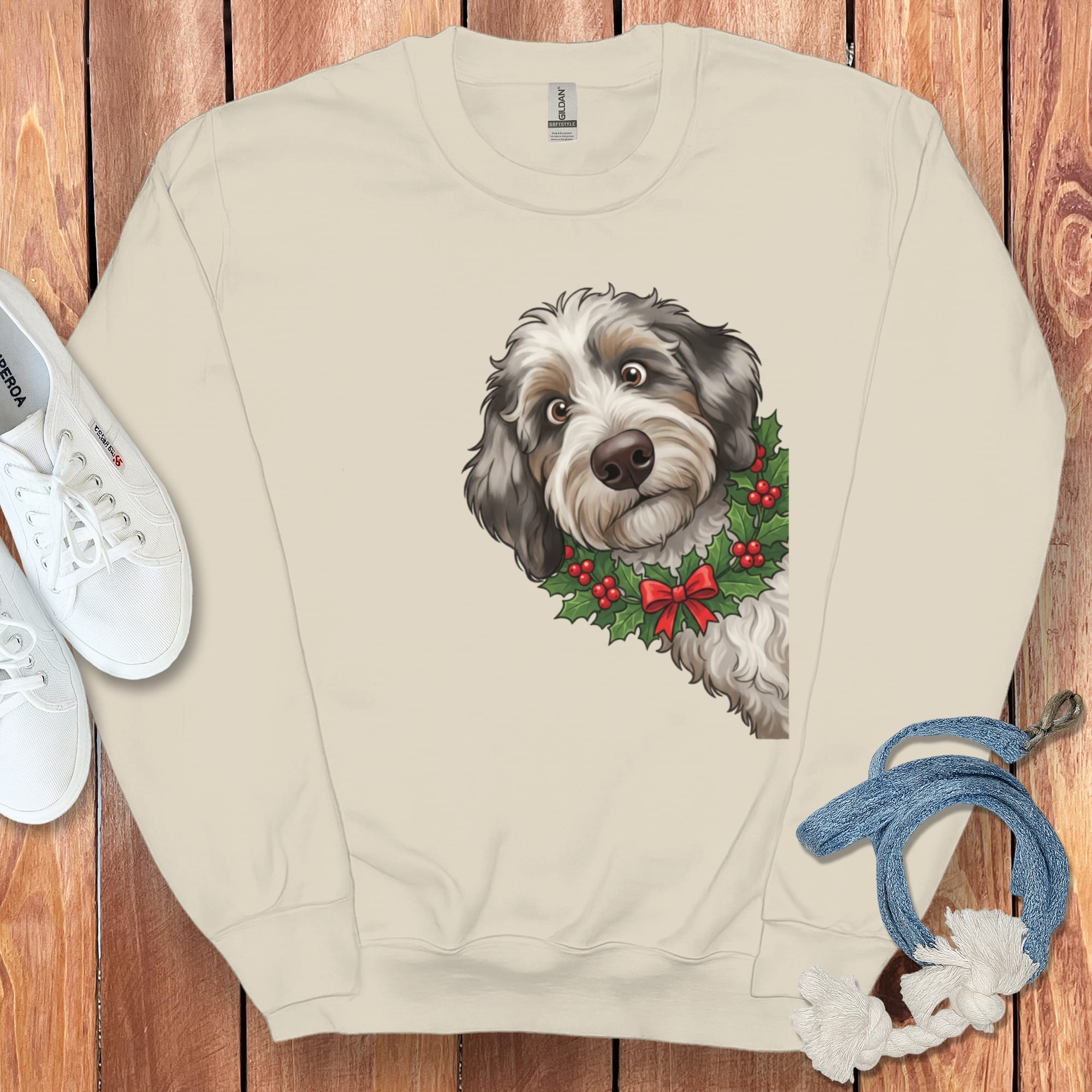 Peeking Holly Aussiedoodle Sweatshirt in Sand / M by Puppy Jo