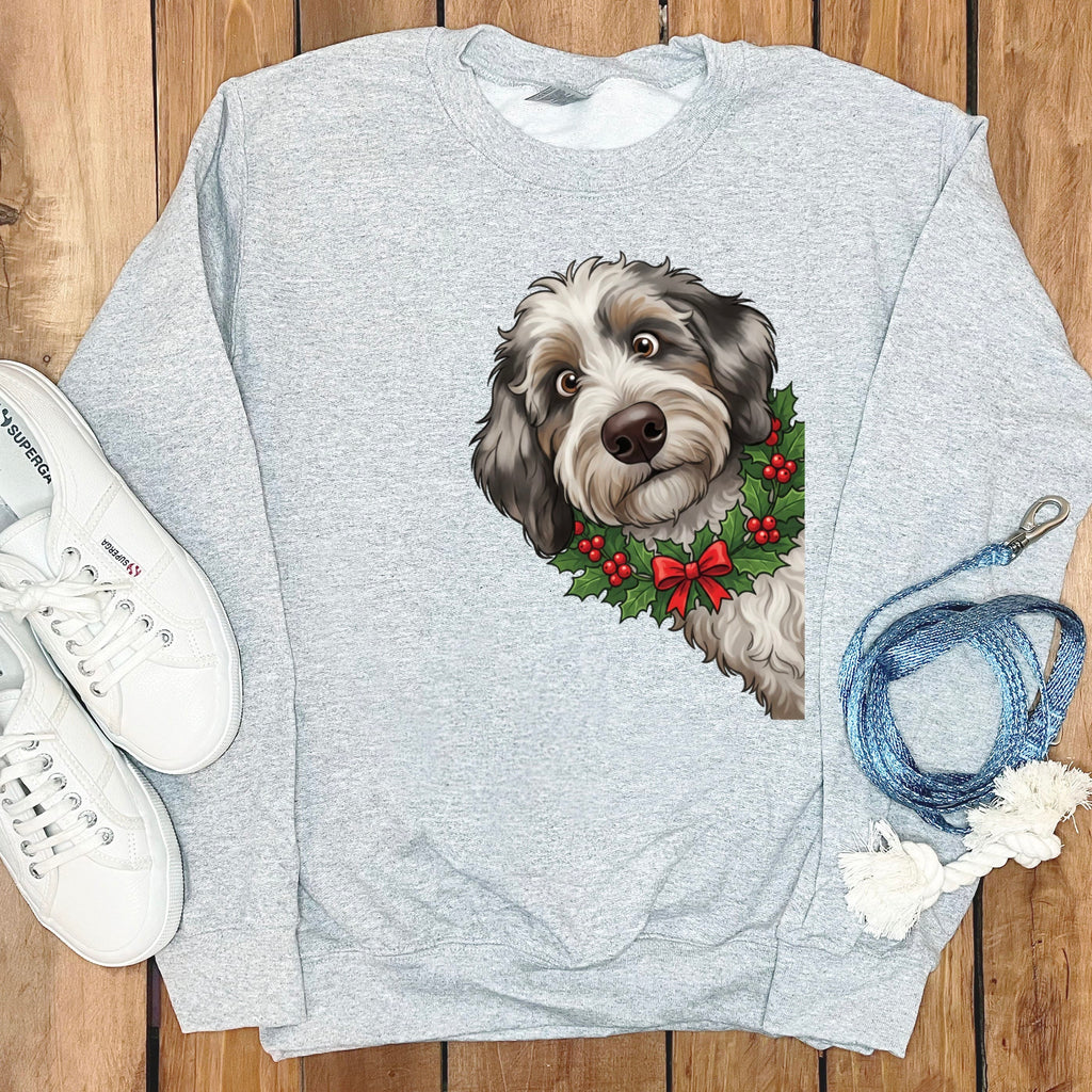 Peeking Holly Aussiedoodle Sweatshirt in Sport Grey / M by Puppy Jo